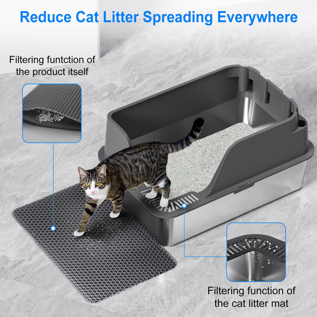 Ellenpent XL Non-stick Stainless Steel Litter Box – Large-Capacity, Side-Opening, Gray