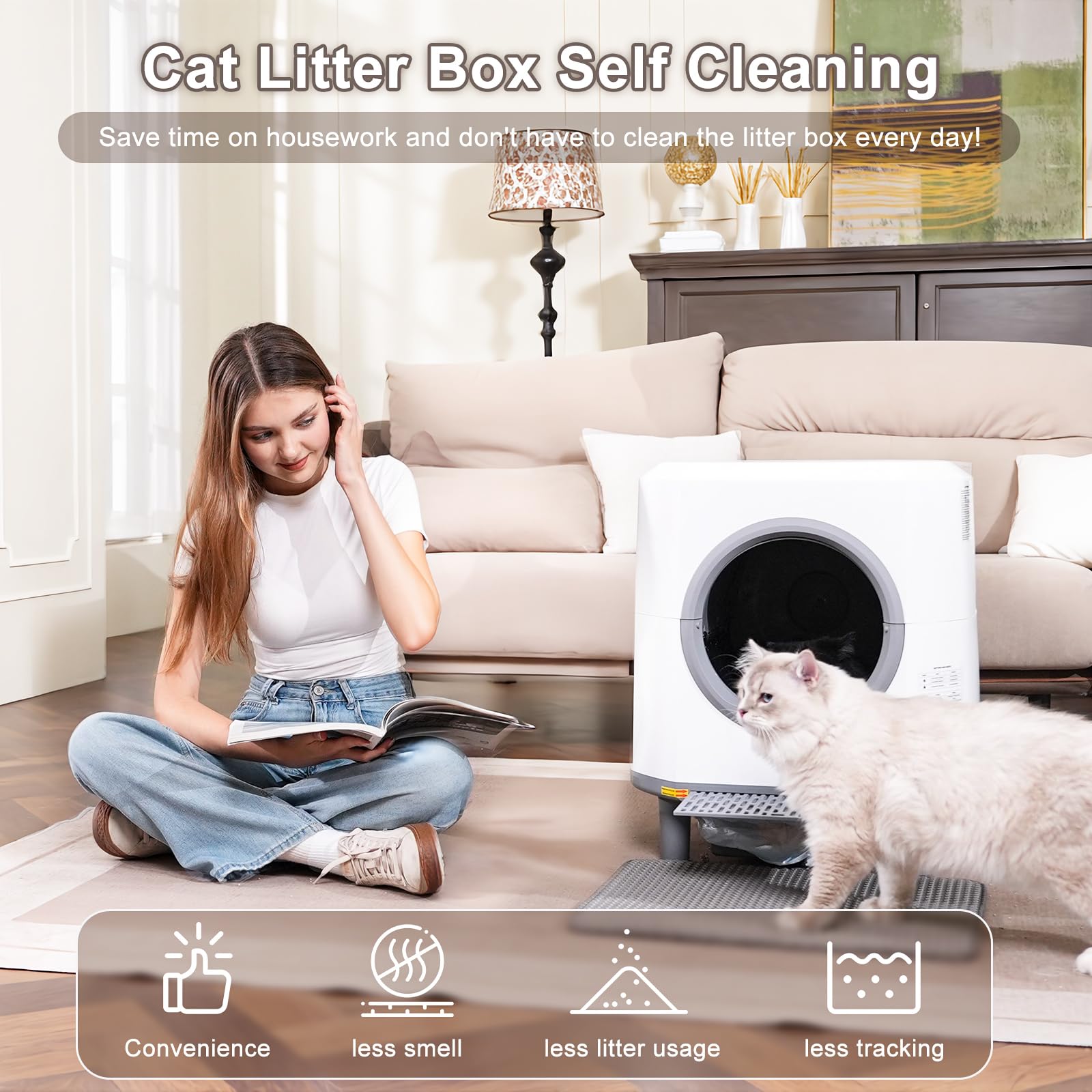 Ellenpent Automatic Litter Box – Self-Cleaning, Odor Control, 90L Capacity with APP & Safety Sensor