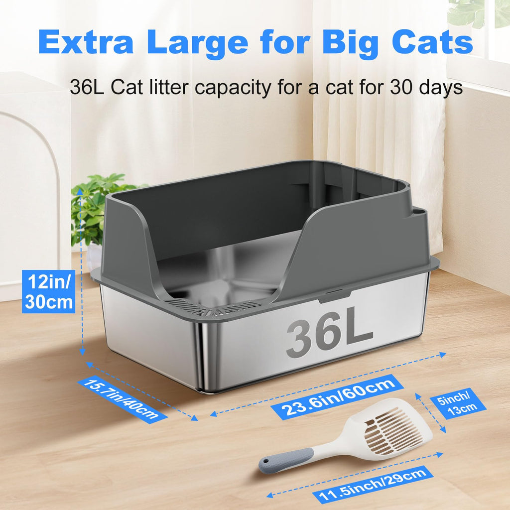 Ellenpent XL Non-stick Stainless Steel Litter Box – Large-Capacity, Side-Opening, Gray