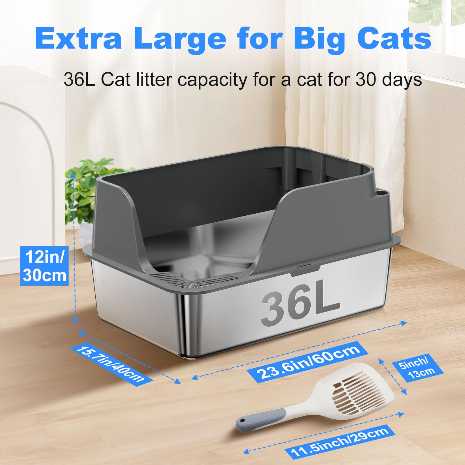 Ellenpent XL Non-stick Stainless Steel Litter Box – Large-Capacity, Side-Opening, Gray