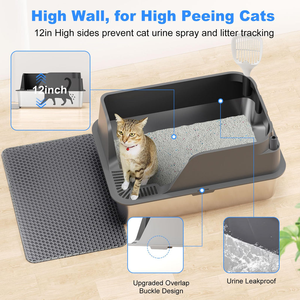 Ellenpent XL Non-stick Stainless Steel Litter Box – Large-Capacity, Side-Opening, Gray