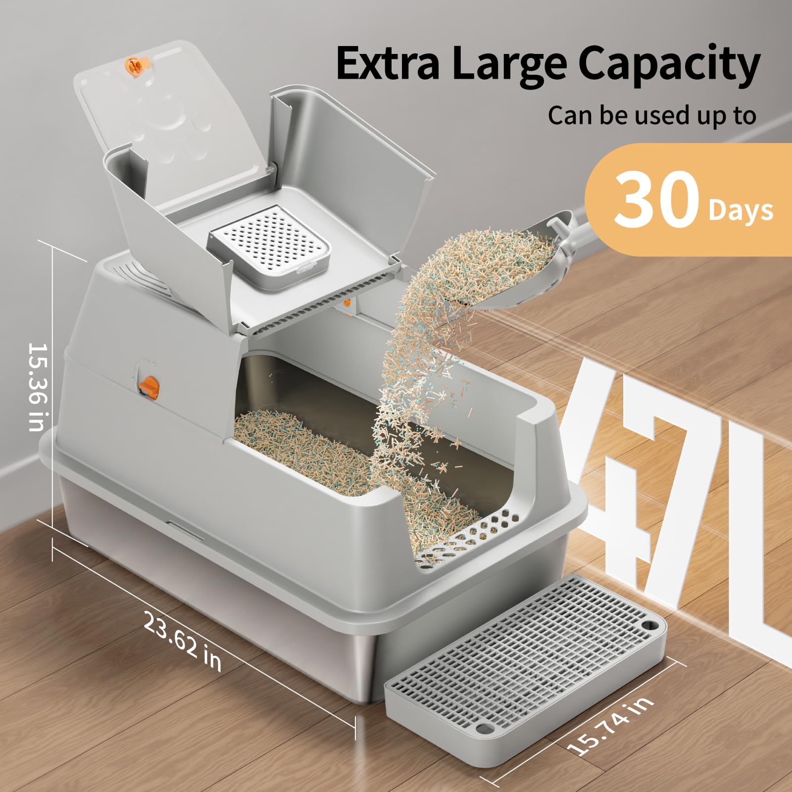 Eosarcu Stainless Steel XL Cat Litter Box with Flip-Top Lid | 180° Easy Cleaning, Odor Control, Non-Sticky Grey