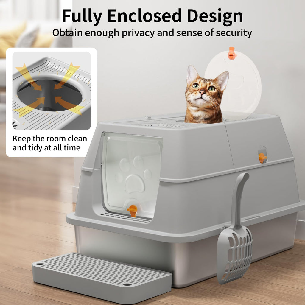 Eosarcu Stainless Steel XL Cat Litter Box with Flip-Top Lid | 180° Easy Cleaning, Odor Control, Non-Sticky Grey