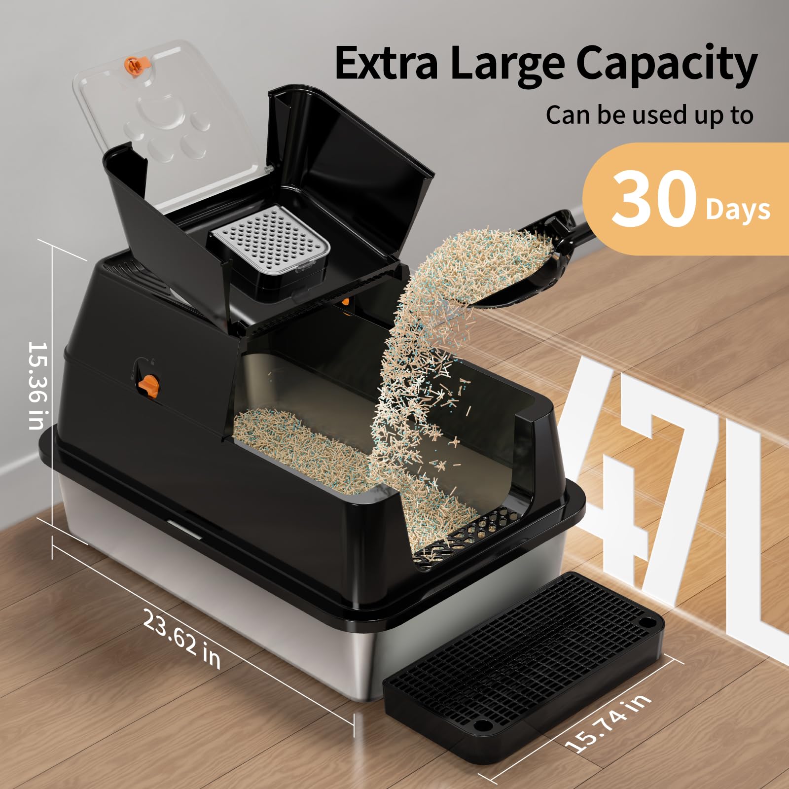 Eosarcu Stainless Steel Cat Litter Box with Flip-Top Lid | XL Enclosed, Odor Control, Non-Sticky