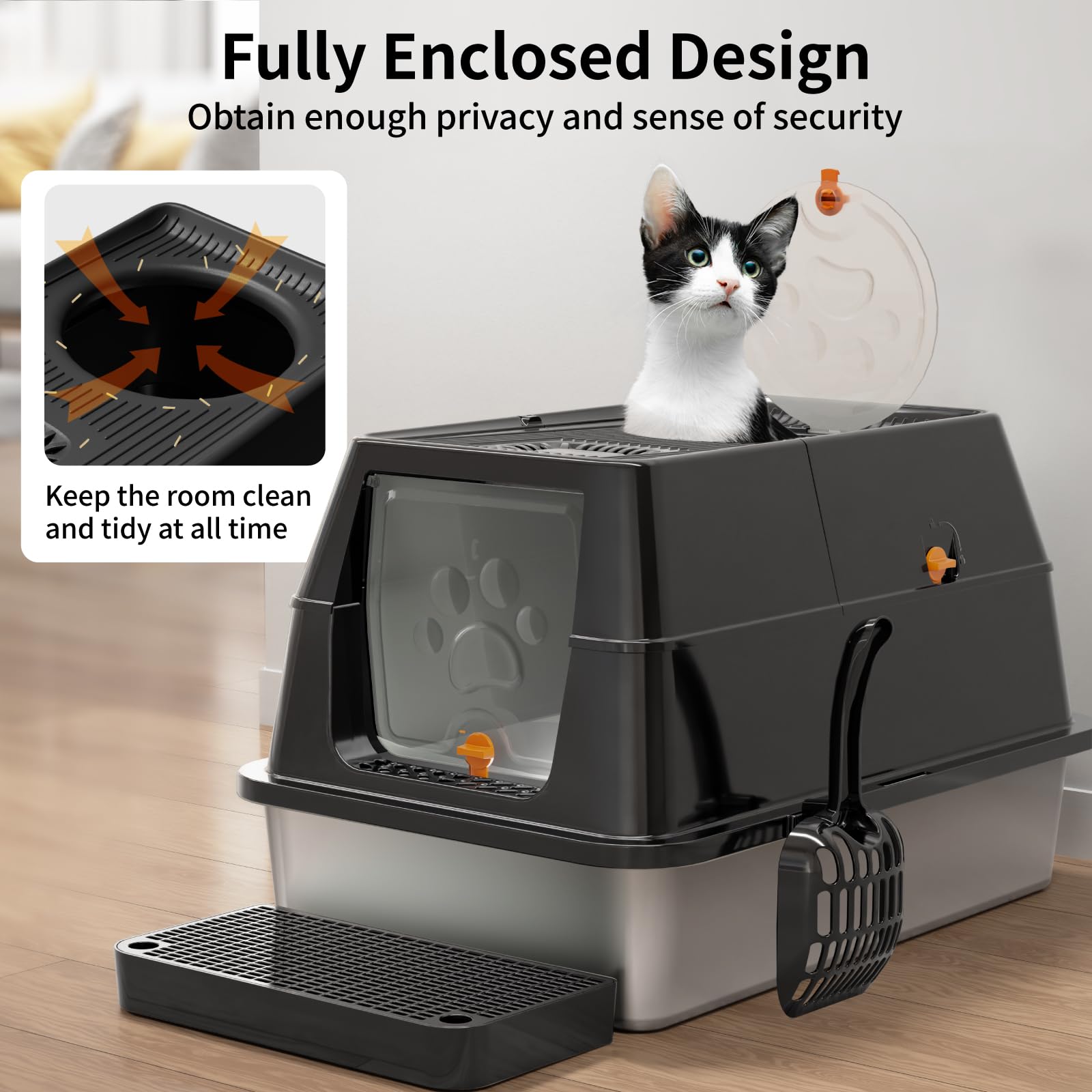Eosarcu Stainless Steel Cat Litter Box with Flip-Top Lid | XL Enclosed, Odor Control, Non-Sticky