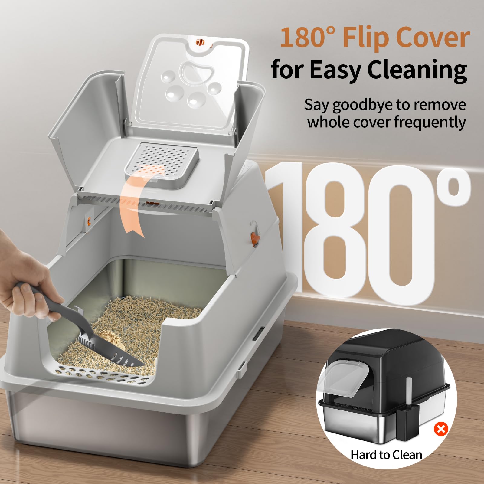 Eosarcu Stainless Steel XL Cat Litter Box with Flip-Top Lid | 180° Easy Cleaning, Odor Control, Non-Sticky Grey