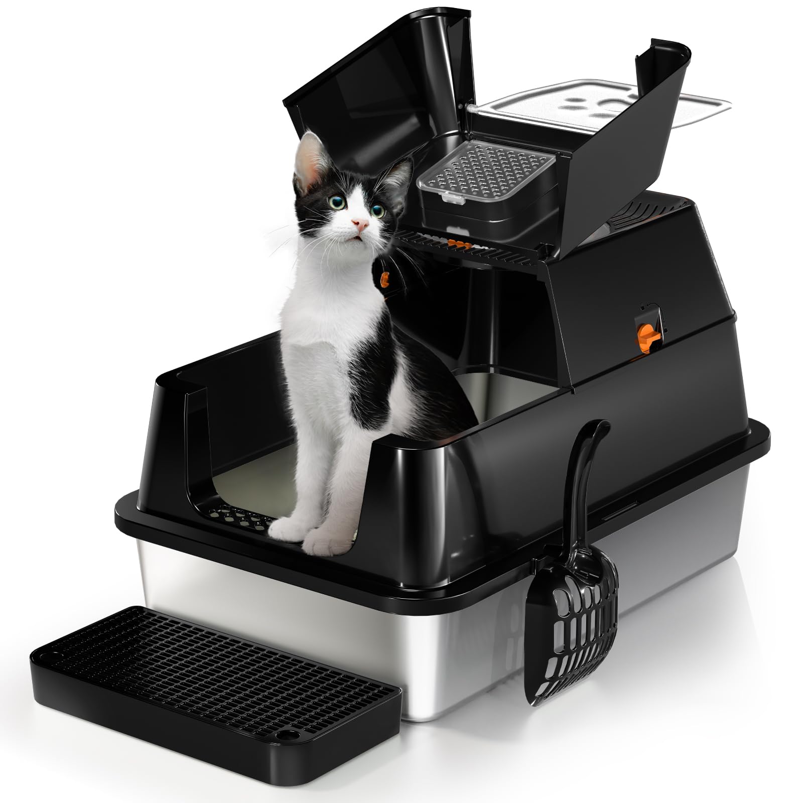 Eosarcu Stainless Steel Cat Litter Box with Flip-Top Lid | XL Enclosed, Odor Control, Non-Sticky