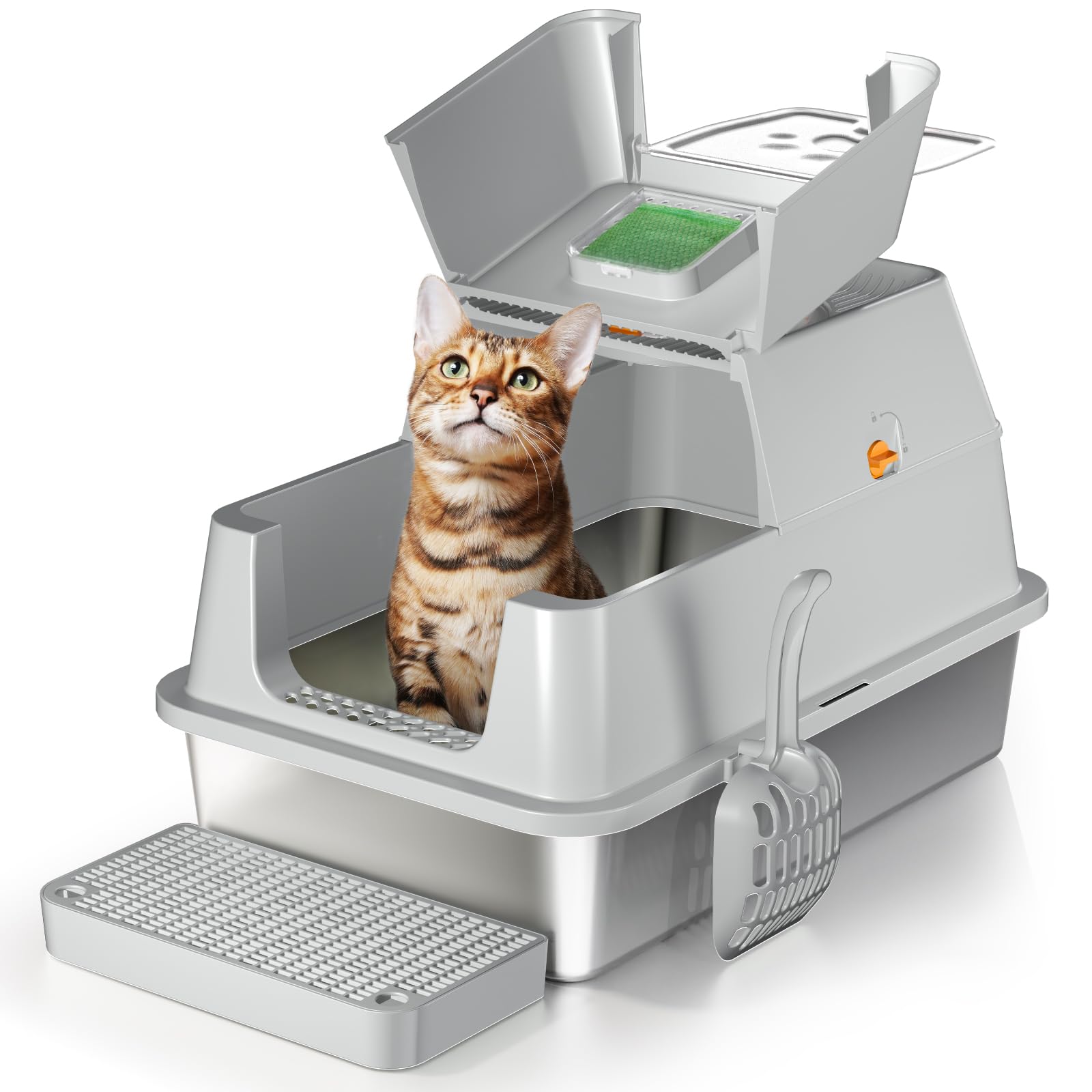 Eosarcu Stainless Steel XL Cat Litter Box with Flip-Top Lid | 180° Easy Cleaning, Odor Control, Non-Sticky Grey
