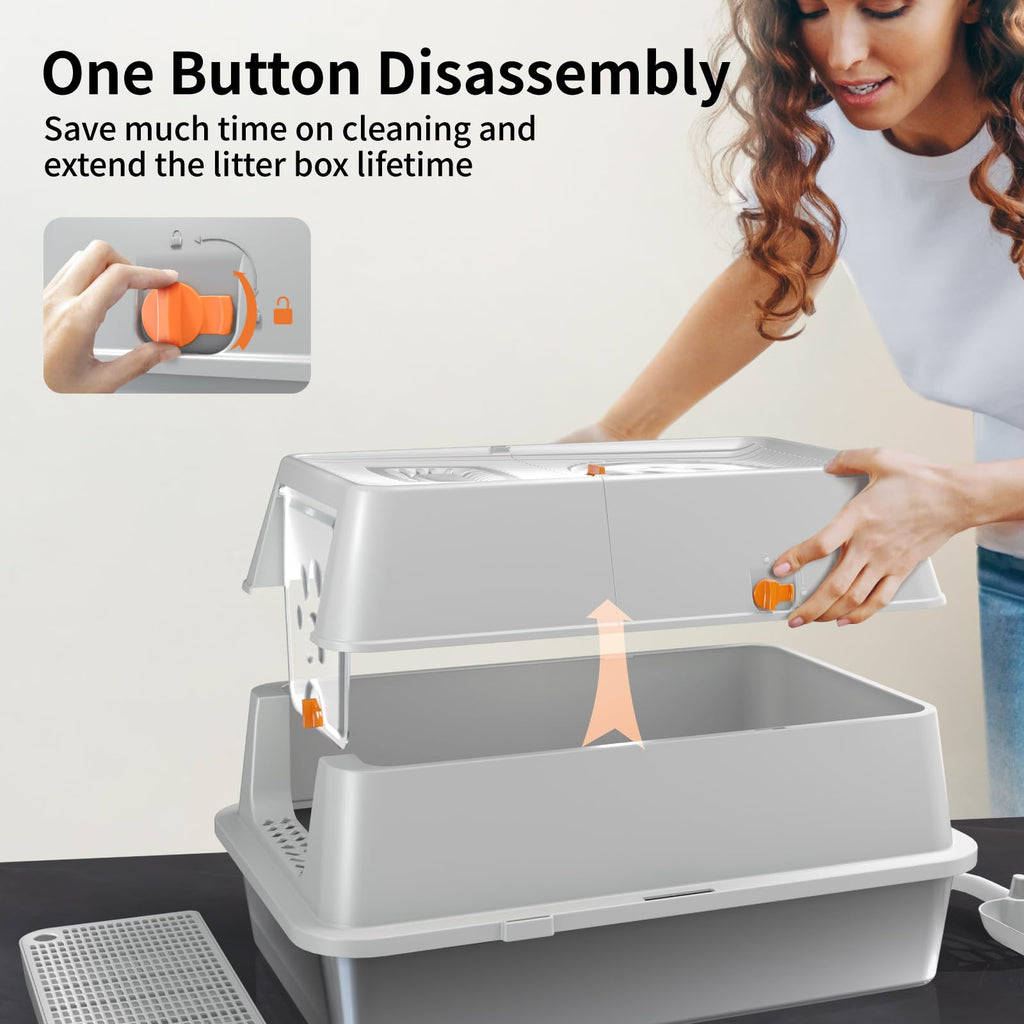 Eosarcu Stainless Steel XL Cat Litter Box with Flip-Top Lid | 180° Easy Cleaning, Odor Control, Non-Sticky Grey