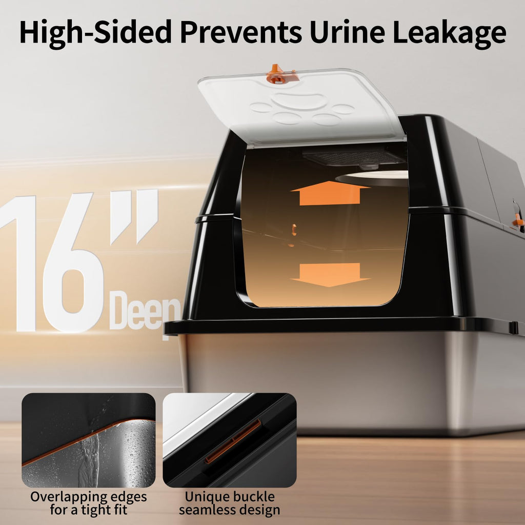 Eosarcu Stainless Steel Cat Litter Box with Flip-Top Lid | XL Enclosed, Odor Control, Non-Sticky