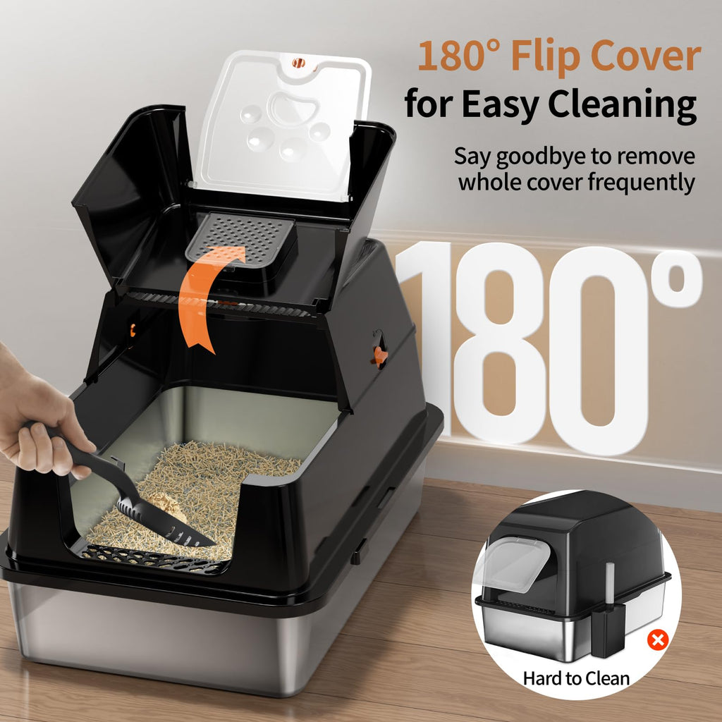 Eosarcu Stainless Steel Cat Litter Box with Flip-Top Lid | XL Enclosed, Odor Control, Non-Sticky