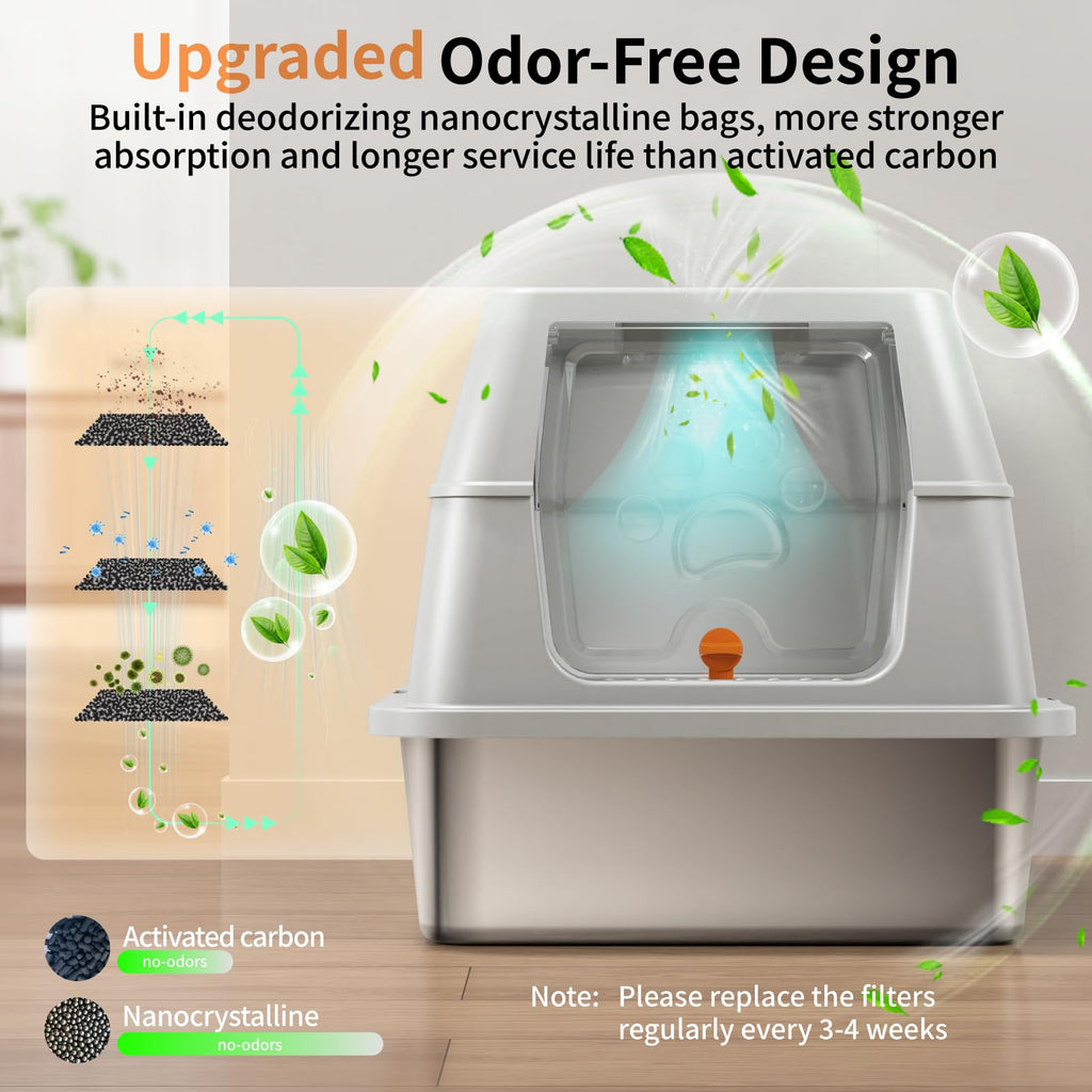 Eosarcu Stainless Steel XL Cat Litter Box with Flip-Top Lid | 180° Easy Cleaning, Odor Control, Non-Sticky Grey