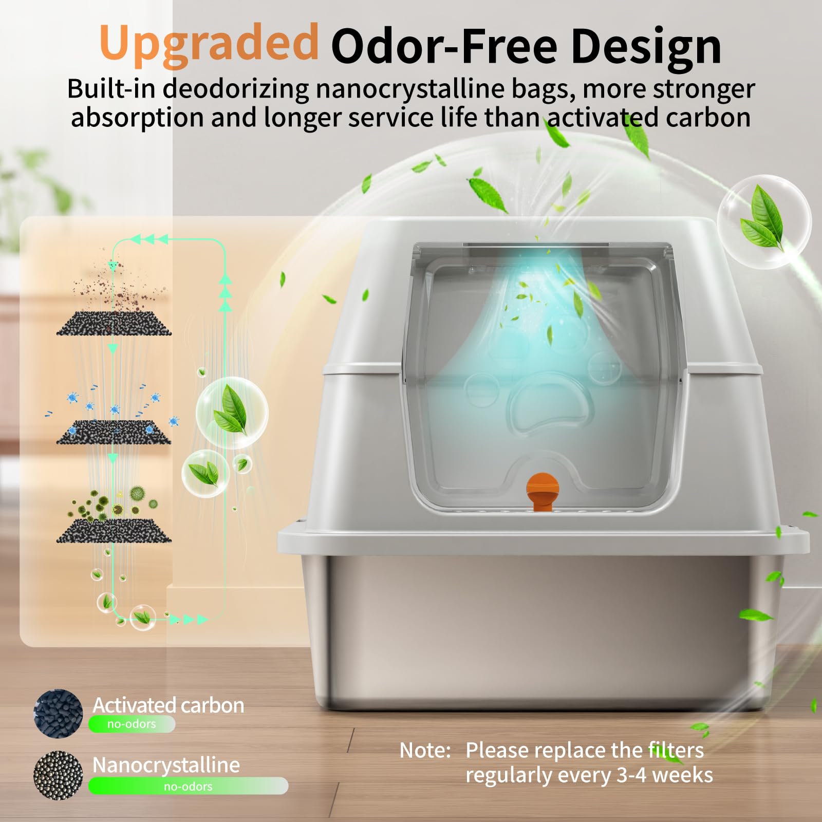 Eosarcu Stainless Steel XL Cat Litter Box with Flip-Top Lid | 180° Easy Cleaning, Odor Control, Non-Sticky Grey