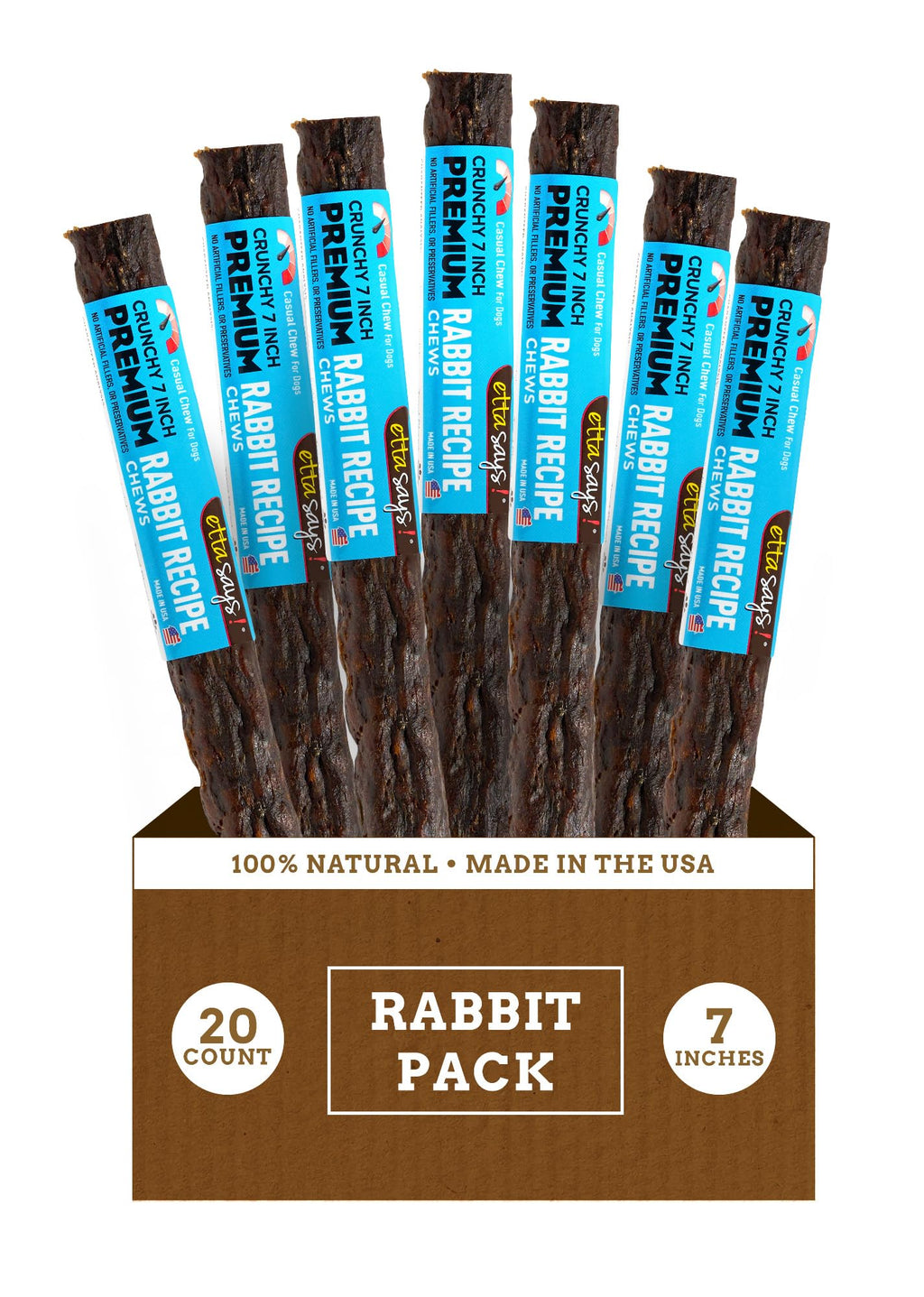 etta says! Premium Crunchy 7-inch Rabbit Dog Chews - Grain-Free, Easy to Digest - Made in USA (20 Count)