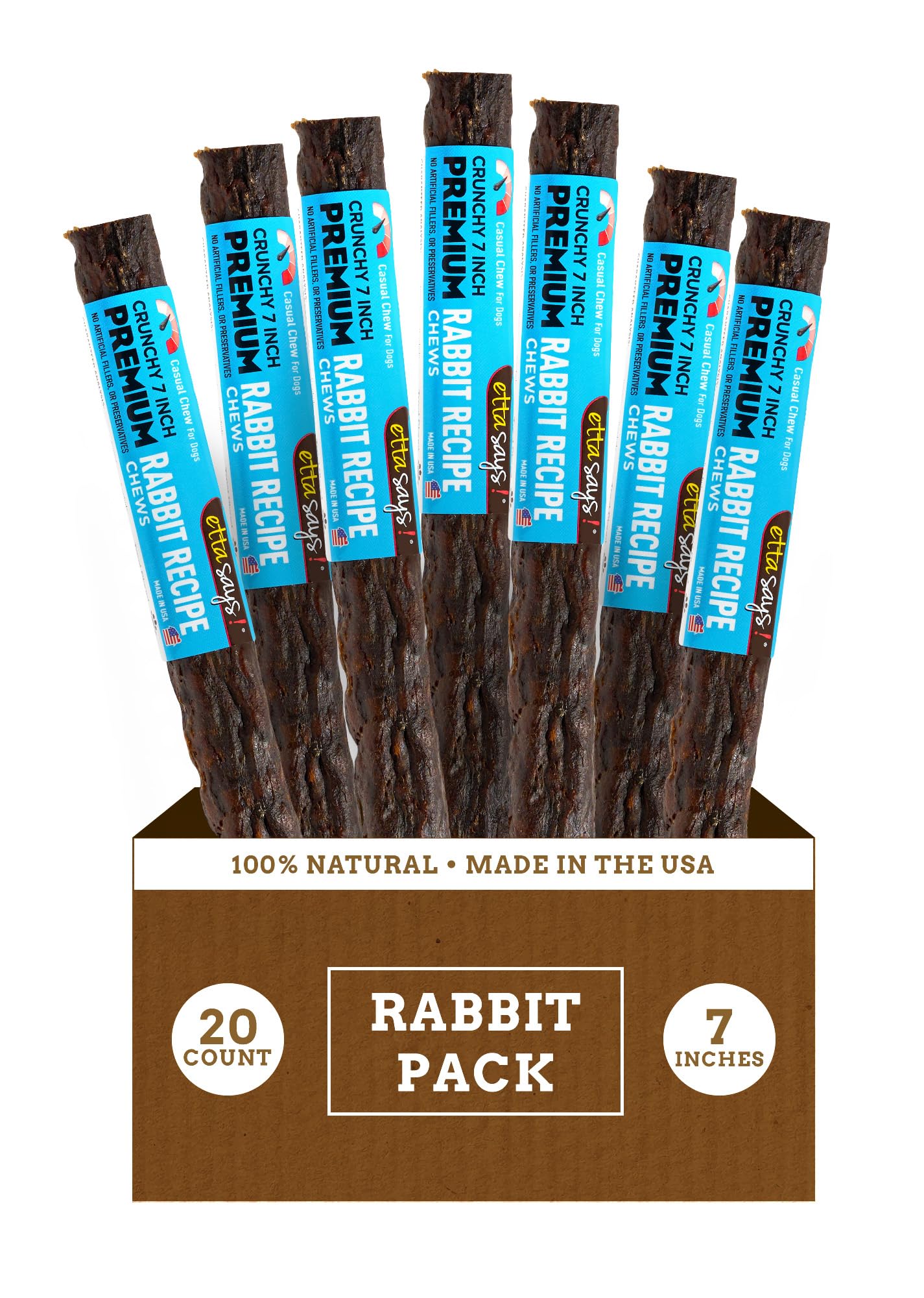 etta says! Premium Crunchy 7-inch Rabbit Dog Chews - Grain-Free, Easy to Digest - Made in USA (20 Count)