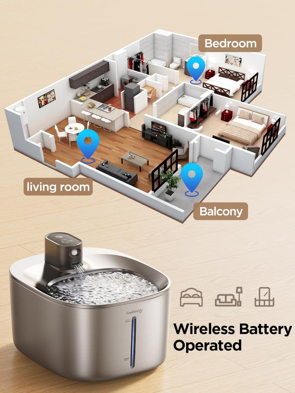FEELNEEDY Wireless Cat Water Fountain with Sensor – 4L Stainless Steel, 4000mAh Battery, Ultra Quiet (YPD-C004S)