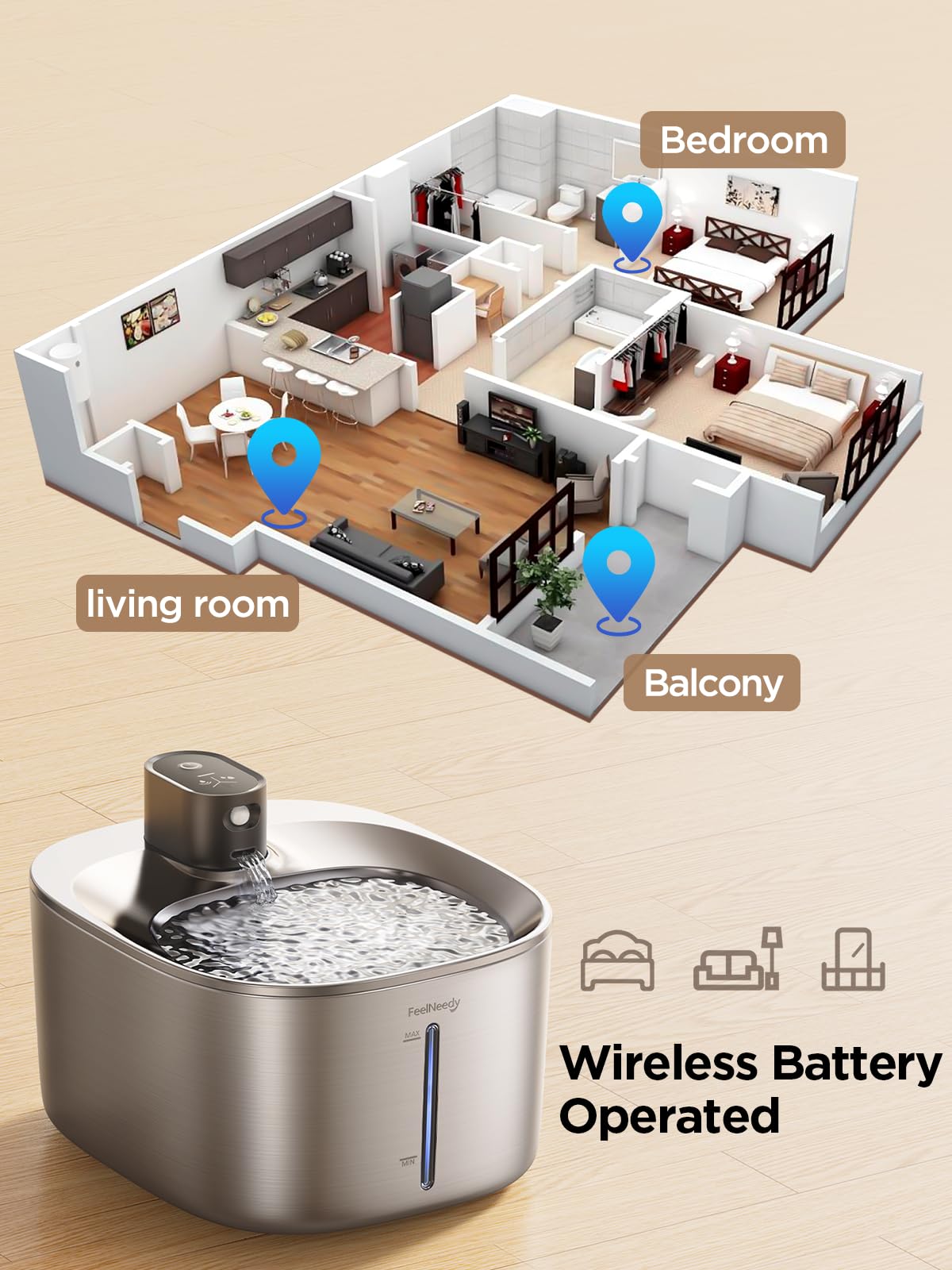 FEELNEEDY Wireless Cat Water Fountain with Sensor – 4L Stainless Steel, 4000mAh Battery, Ultra Quiet (YPD-C004S)