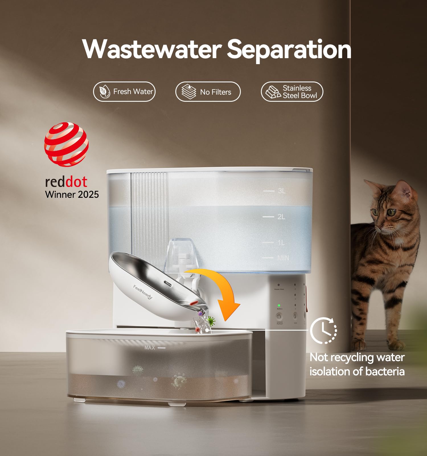 FEELNEEDY Wireless Cat Water Fountain – No Filters, Wastewater Separation, 3.5L Stainless Steel Bowl