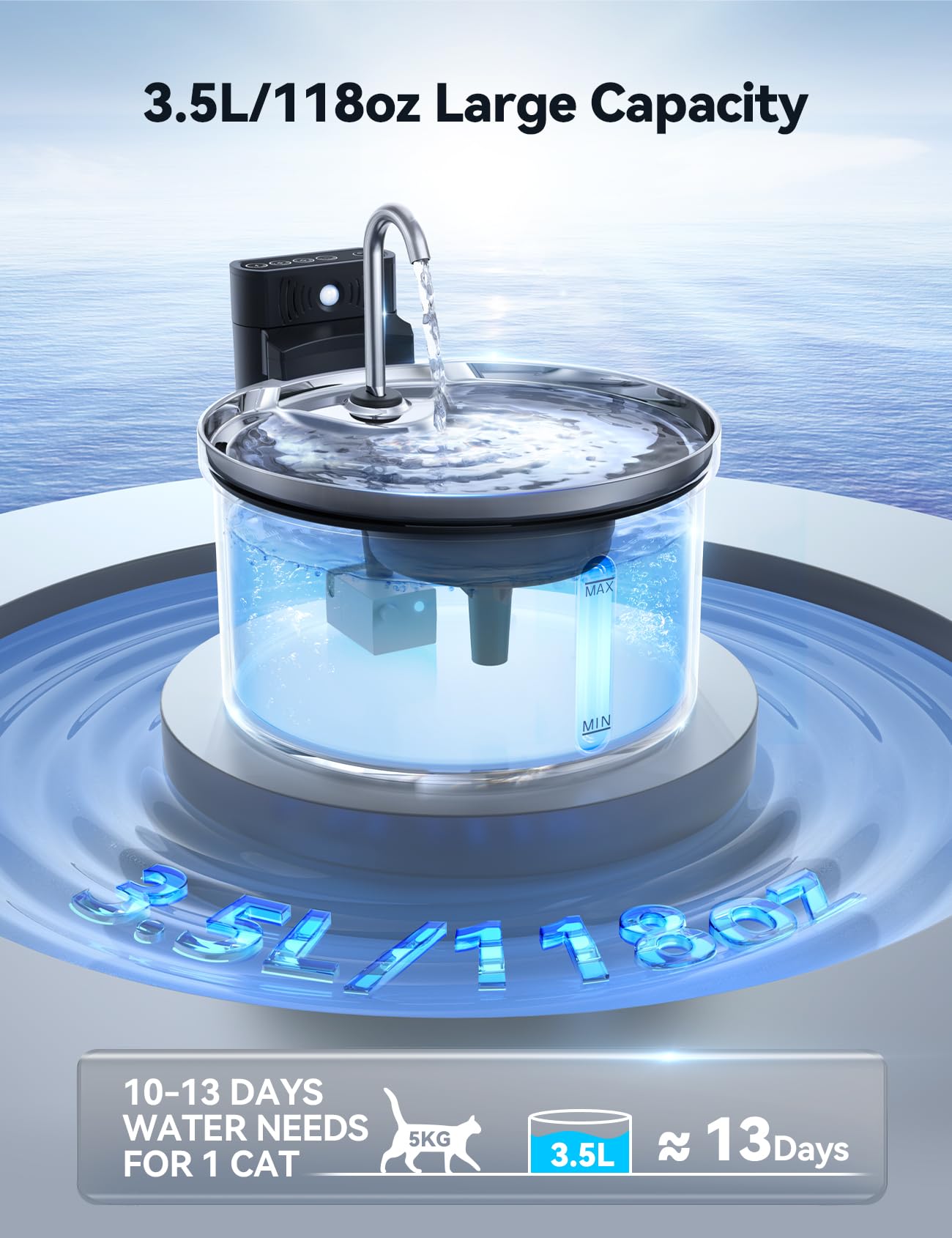 FEELNEEDY Wireless Cat Water Fountain – 3.5L Stainless Steel, Battery-Separated, 4000mAh, 2 Flows, 3 Modes