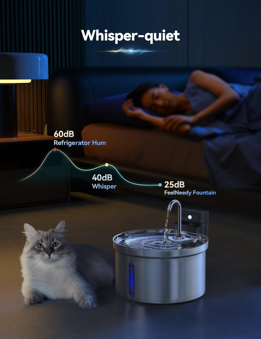 FEELNEEDY Wireless Cat Water Fountain – 3.5L Stainless Steel, Battery-Separated, 4000mAh, 2 Flows, 3 Modes