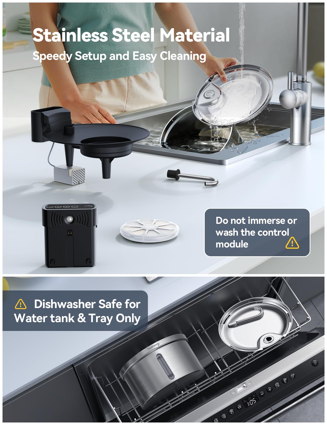 FEELNEEDY Wireless Cat Water Fountain – 3.5L Stainless Steel, Battery-Separated, 4000mAh, 2 Flows, 3 Modes