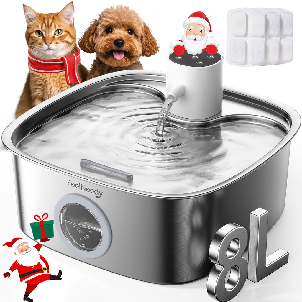 FEELNEEDY Cordless Dog Water Fountain — 8L, 5000mAh Battery, Stainless Steel, Radar Sensor, 3 Modes