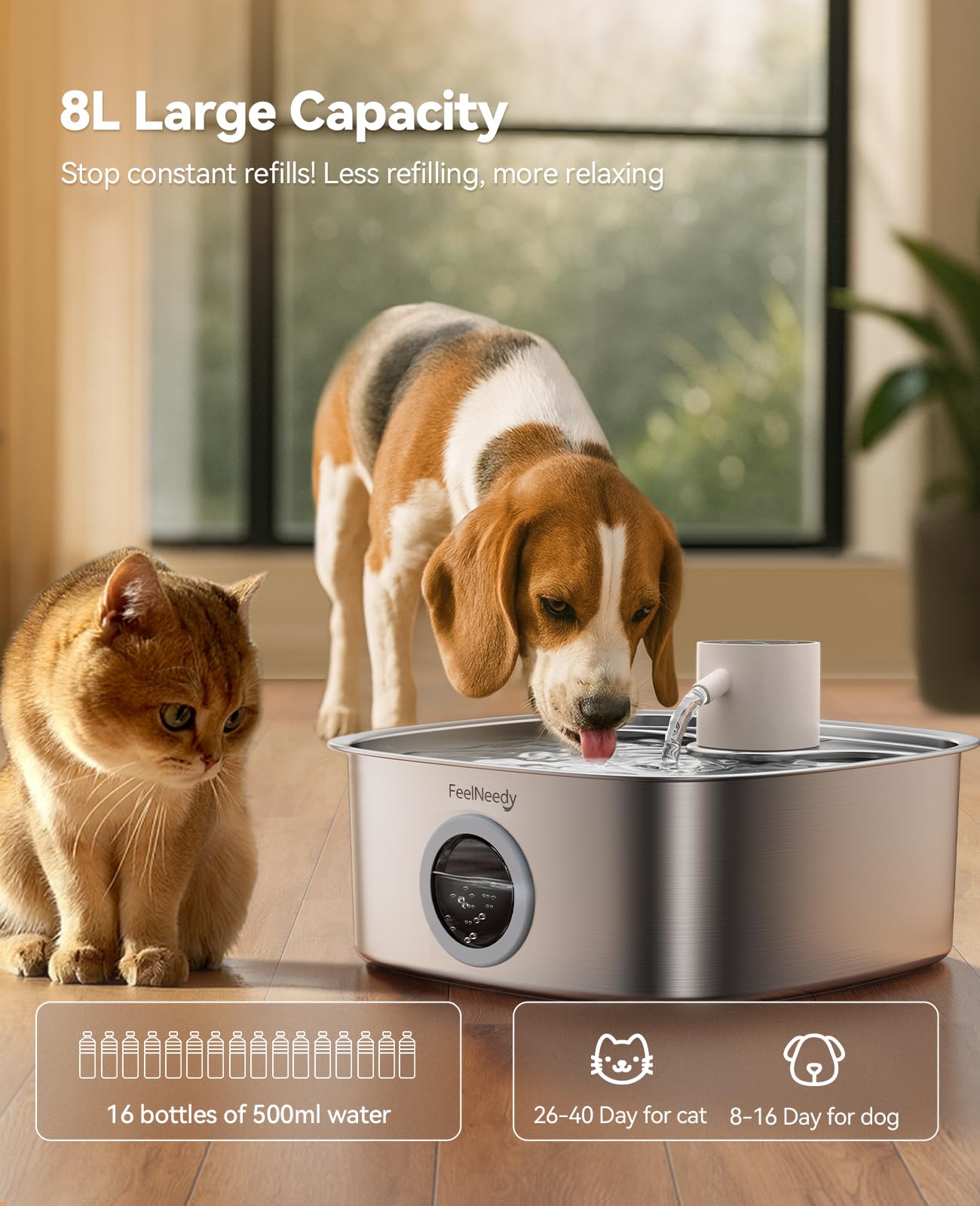 FEELNEEDY Cordless Dog Water Fountain — 8L, 5000mAh Battery, Stainless Steel, Radar Sensor, 3 Modes