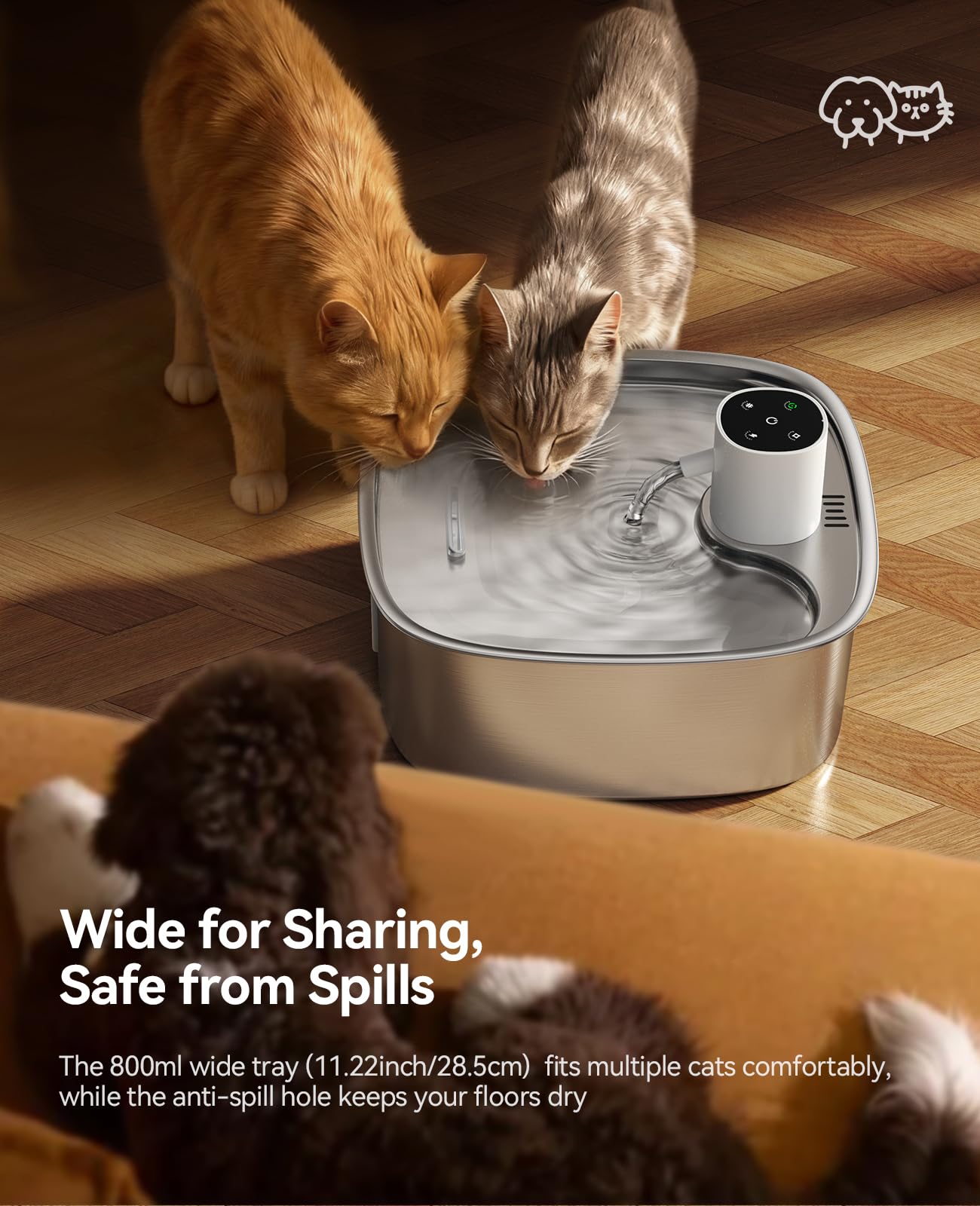FEELNEEDY Cordless Dog Water Fountain — 8L, 5000mAh Battery, Stainless Steel, Radar Sensor, 3 Modes