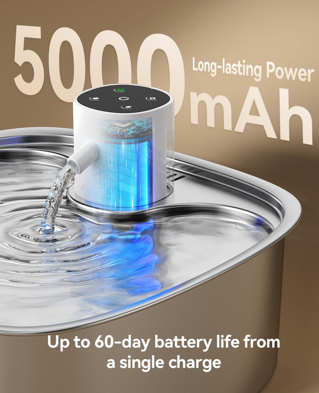 FEELNEEDY Cordless Dog Water Fountain — 8L, 5000mAh Battery, Stainless Steel, Radar Sensor, 3 Modes