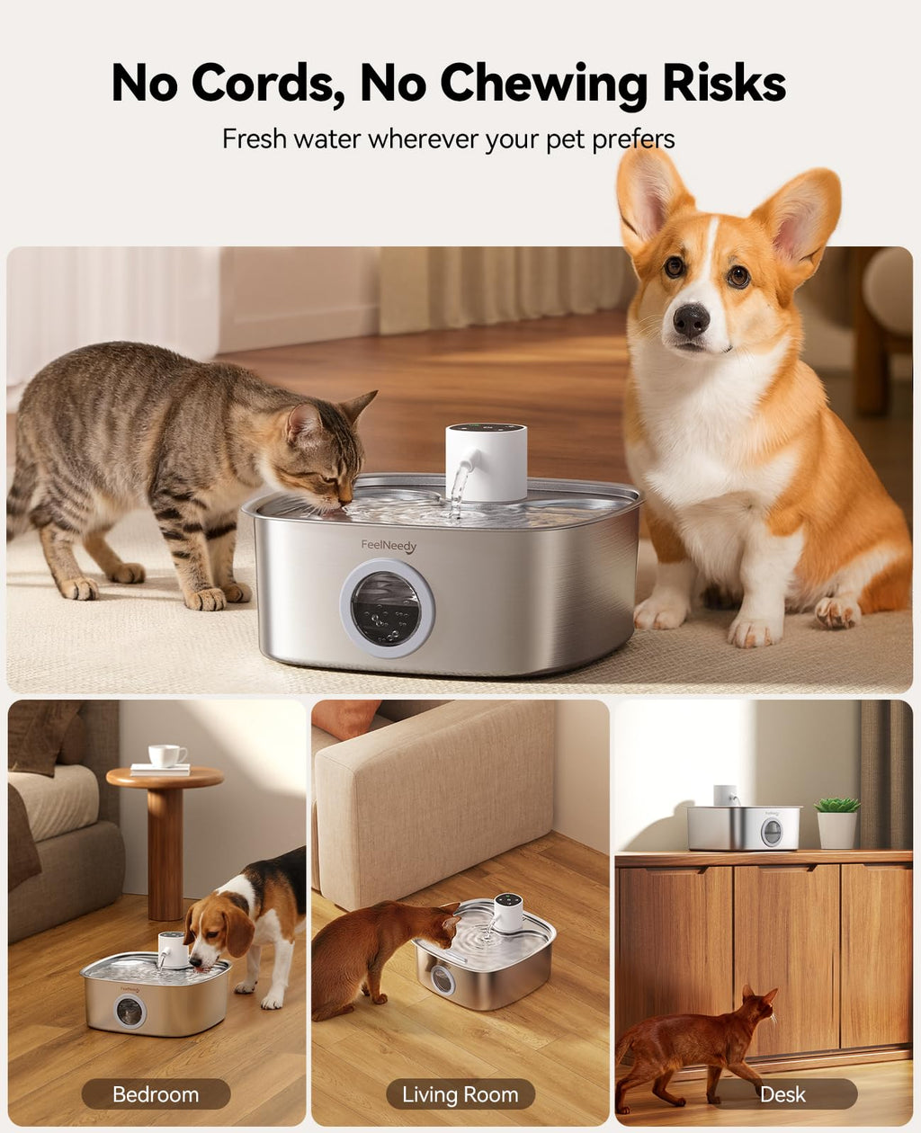 FEELNEEDY Cordless Dog Water Fountain — 8L, 5000mAh Battery, Stainless Steel, Radar Sensor, 3 Modes