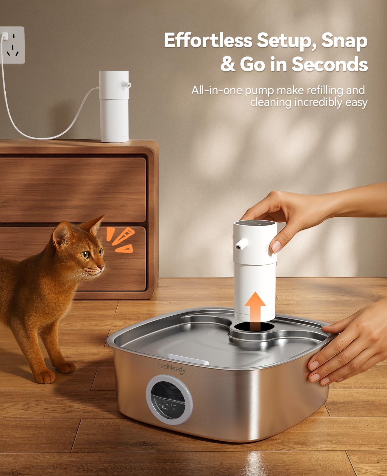 FEELNEEDY Cordless Dog Water Fountain — 8L, 5000mAh Battery, Stainless Steel, Radar Sensor, 3 Modes
