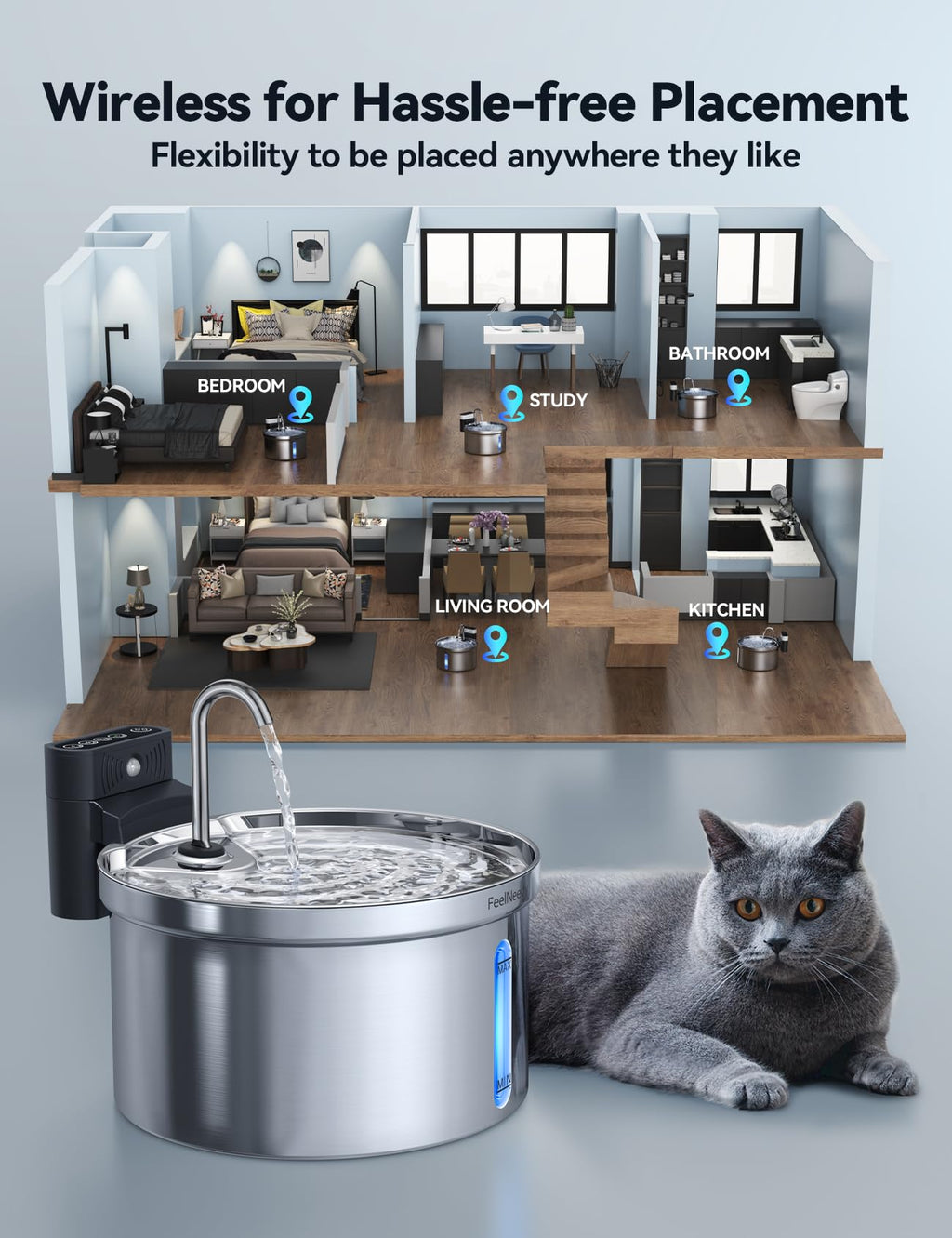 FEELNEEDY Wireless Cat Water Fountain – 3.5L Stainless Steel, Battery-Separated, 4000mAh, 2 Flows, 3 Modes