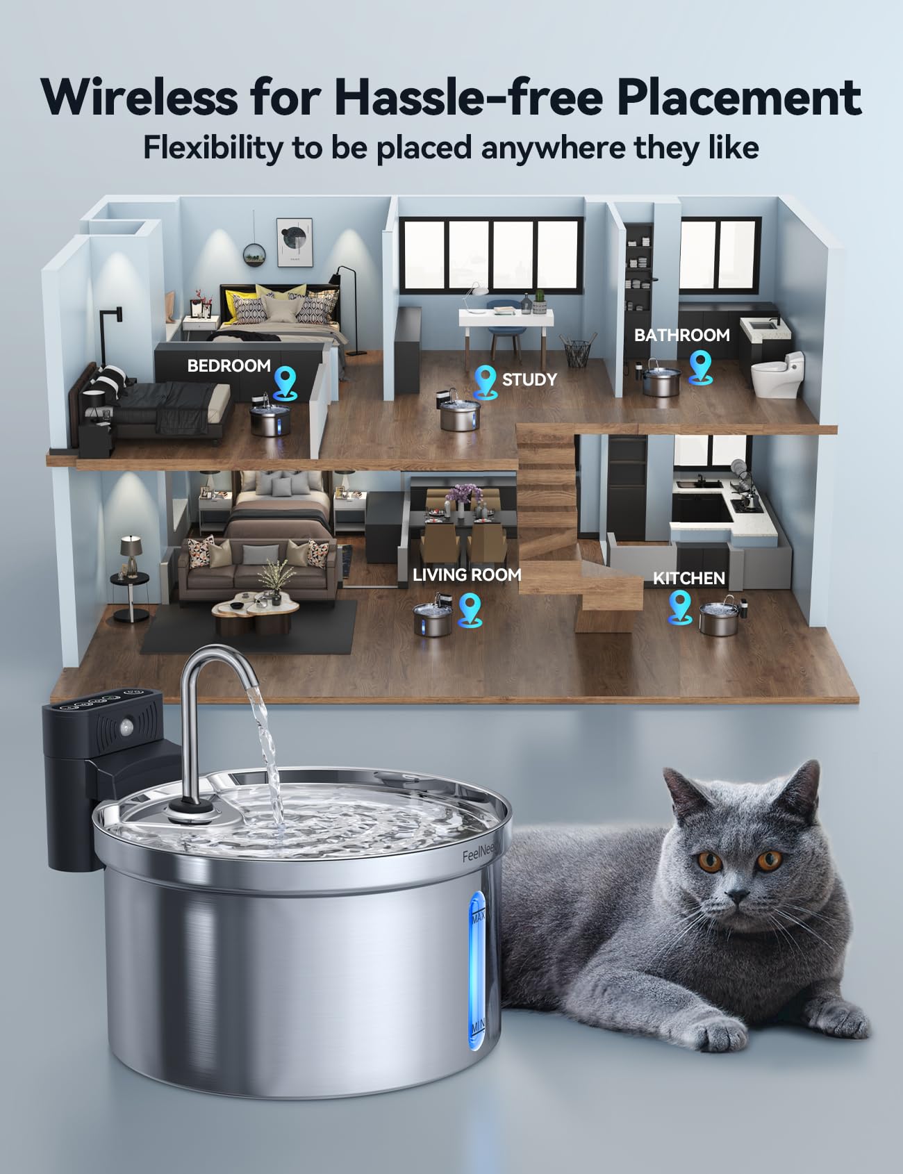 FEELNEEDY Wireless Cat Water Fountain – 3.5L Stainless Steel, Battery-Separated, 4000mAh, 2 Flows, 3 Modes