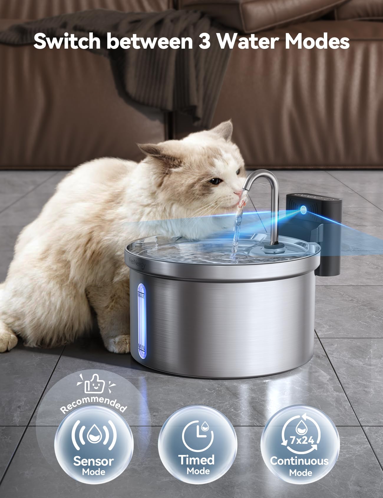 FEELNEEDY Wireless Cat Water Fountain – 3.5L Stainless Steel, Battery-Separated, 4000mAh, 2 Flows, 3 Modes