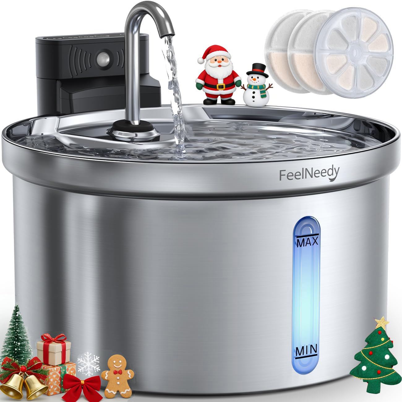 FEELNEEDY Wireless Cat Water Fountain – 3.5L Stainless Steel, Battery-Separated, 4000mAh, 2 Flows, 3 Modes