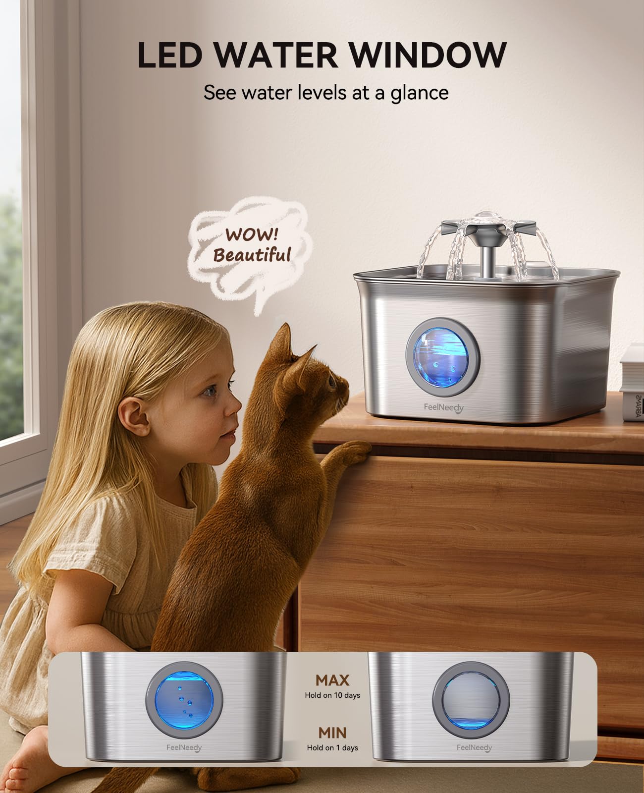 FEELNEEDY Stainless Steel Cat Water Fountain 2.8L – Ultra-Quiet, 9-Filter Filtration, LED Level Window, Dishwasher Safe