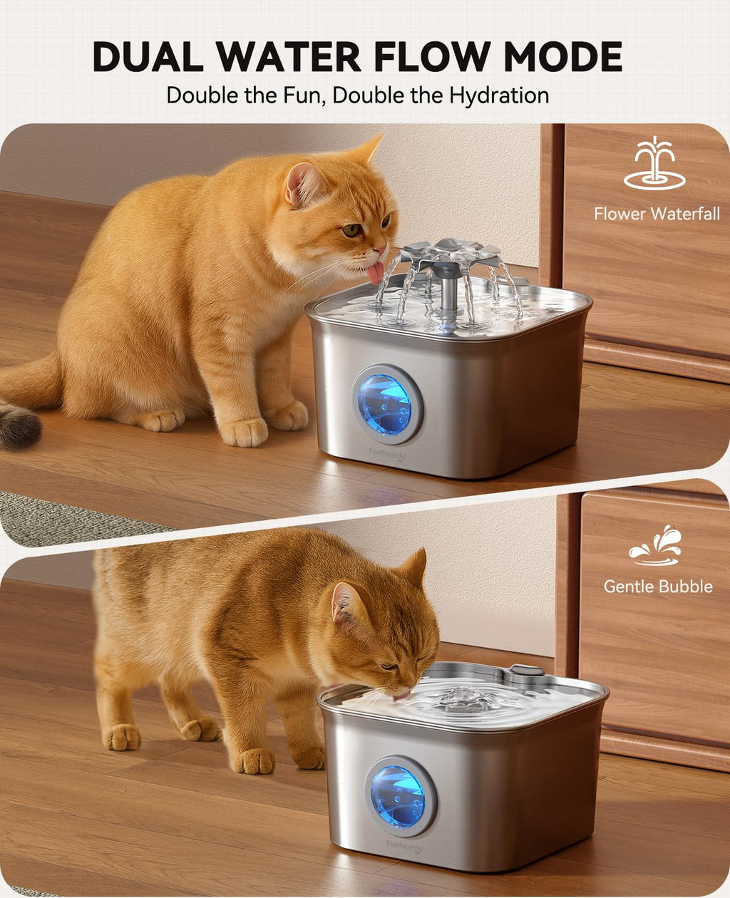 FEELNEEDY Stainless Steel Cat Water Fountain 2.8L – Ultra-Quiet, 9-Filter Filtration, LED Level Window, Dishwasher Safe