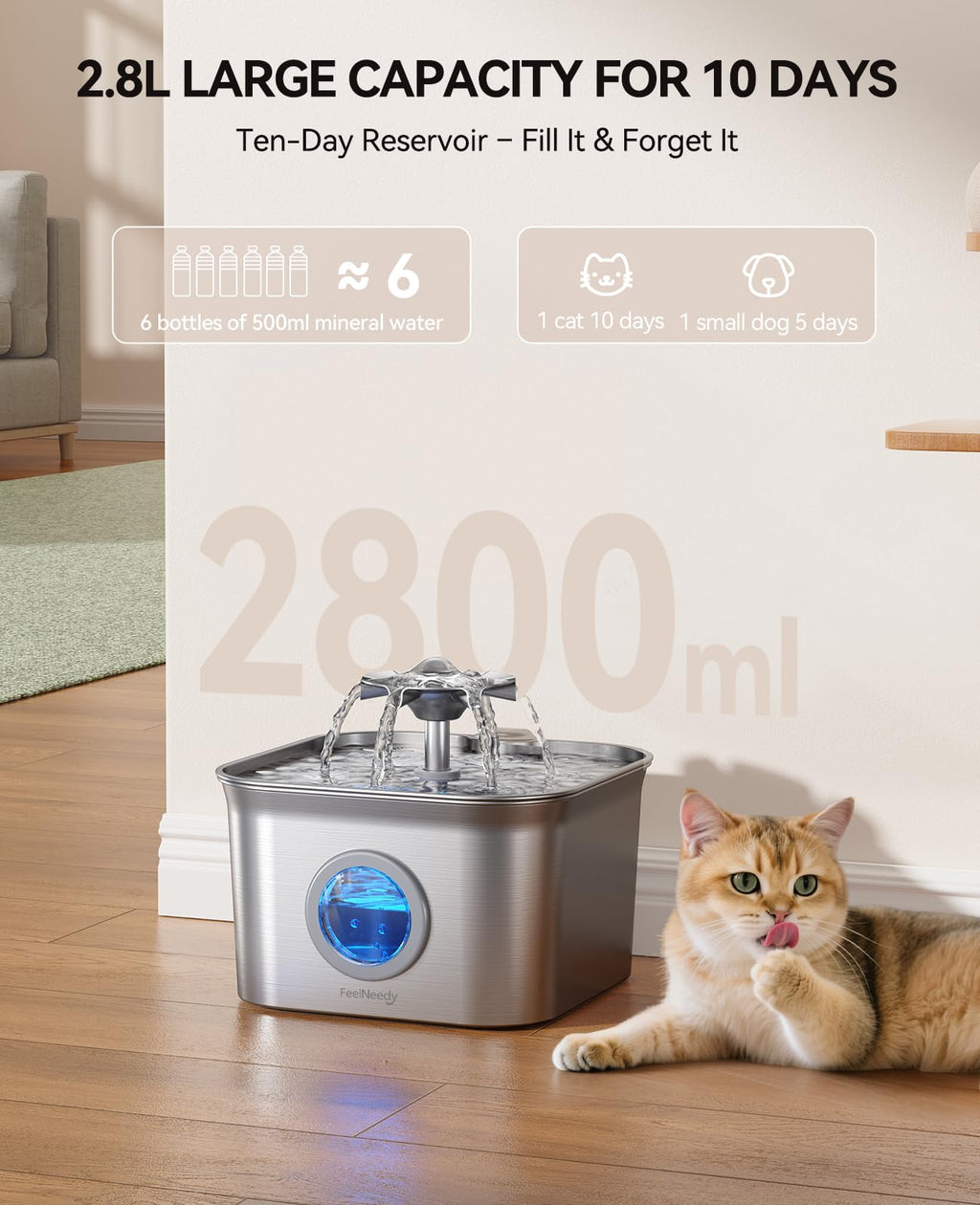 FEELNEEDY Stainless Steel Cat Water Fountain 2.8L – Ultra-Quiet, 9-Filter Filtration, LED Level Window, Dishwasher Safe