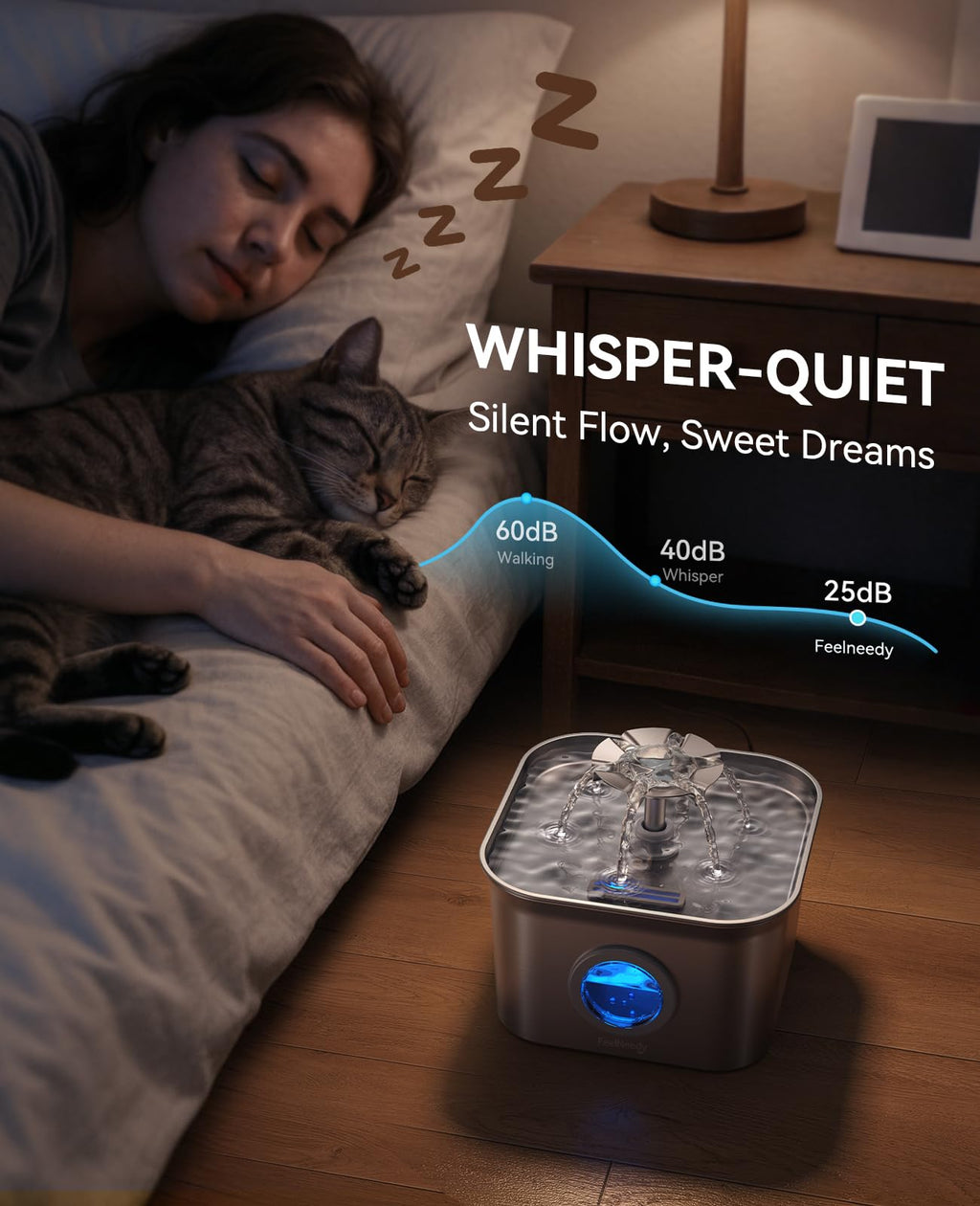 FEELNEEDY Stainless Steel Cat Water Fountain 2.8L – Ultra-Quiet, 9-Filter Filtration, LED Level Window, Dishwasher Safe