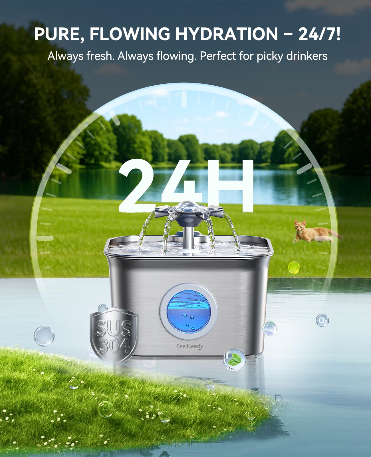 FEELNEEDY Stainless Steel Cat Water Fountain 2.8L – Ultra-Quiet, 9-Filter Filtration, LED Level Window, Dishwasher Safe
