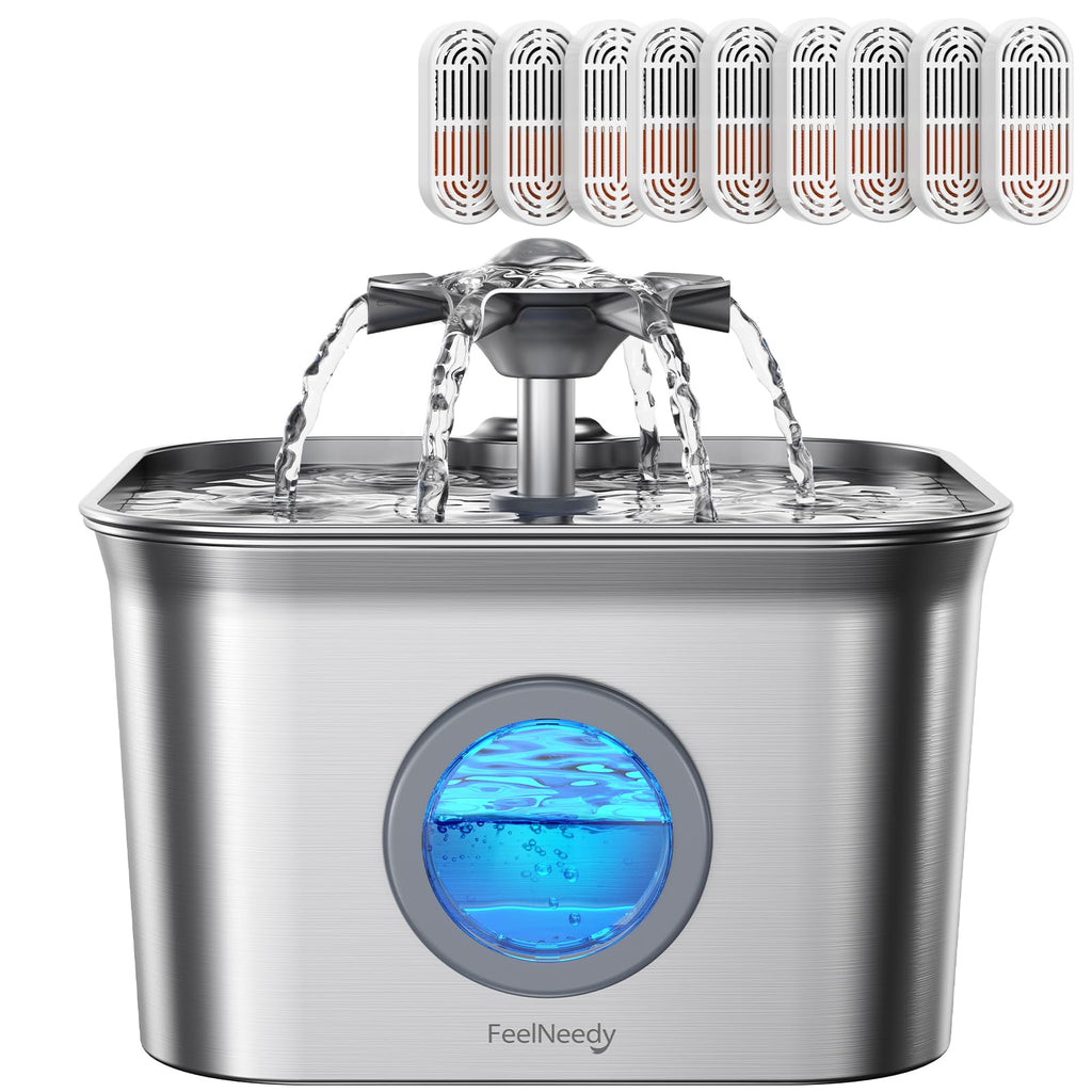 FEELNEEDY Stainless Steel Cat Water Fountain 2.8L – Ultra-Quiet, 9-Filter Filtration, LED Level Window, Dishwasher Safe