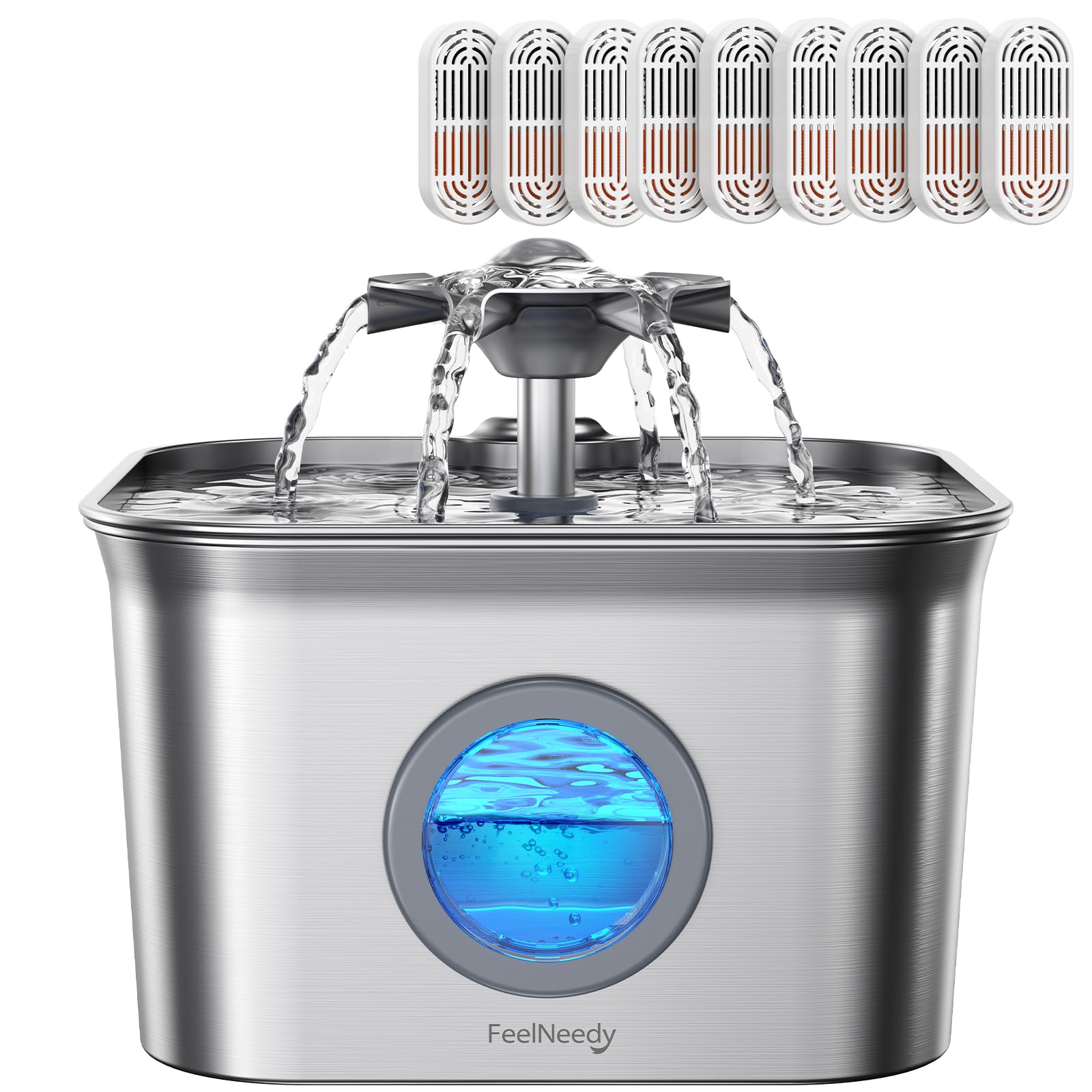 FEELNEEDY Stainless Steel Cat Water Fountain 2.8L – Ultra-Quiet, 9-Filter Filtration, LED Level Window, Dishwasher Safe