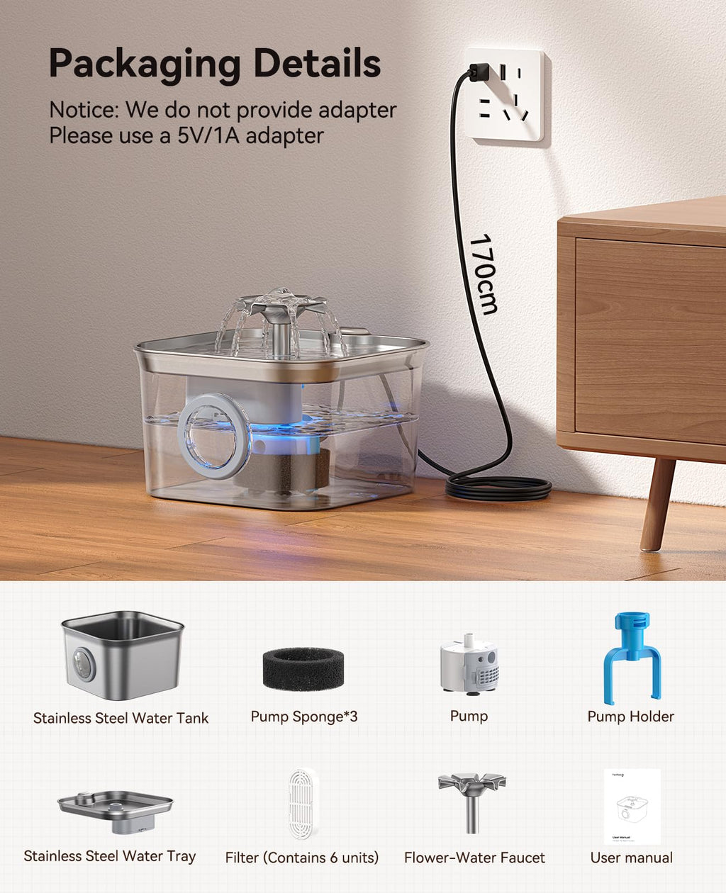 FEELNEEDY Stainless Steel Cat Water Fountain – 2.8L, 6-Filter System, Ultra-Quiet 20dB Pump, LED Window, Dishwasher Safe