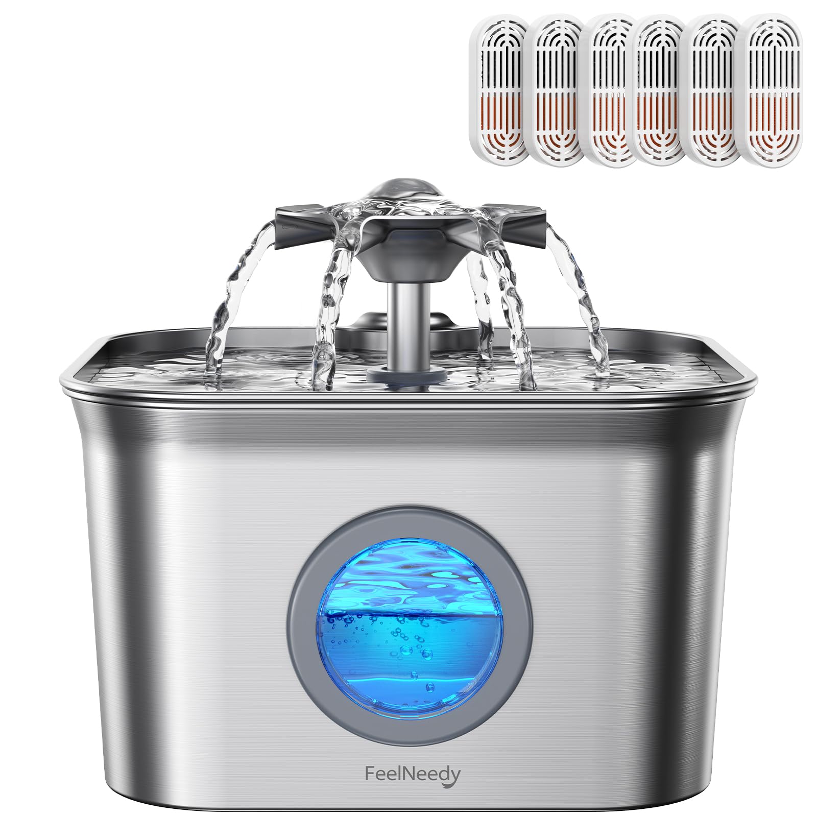FEELNEEDY Stainless Steel Cat Water Fountain – 2.8L, 6-Filter System, Ultra-Quiet 20dB Pump, LED Window, Dishwasher Safe