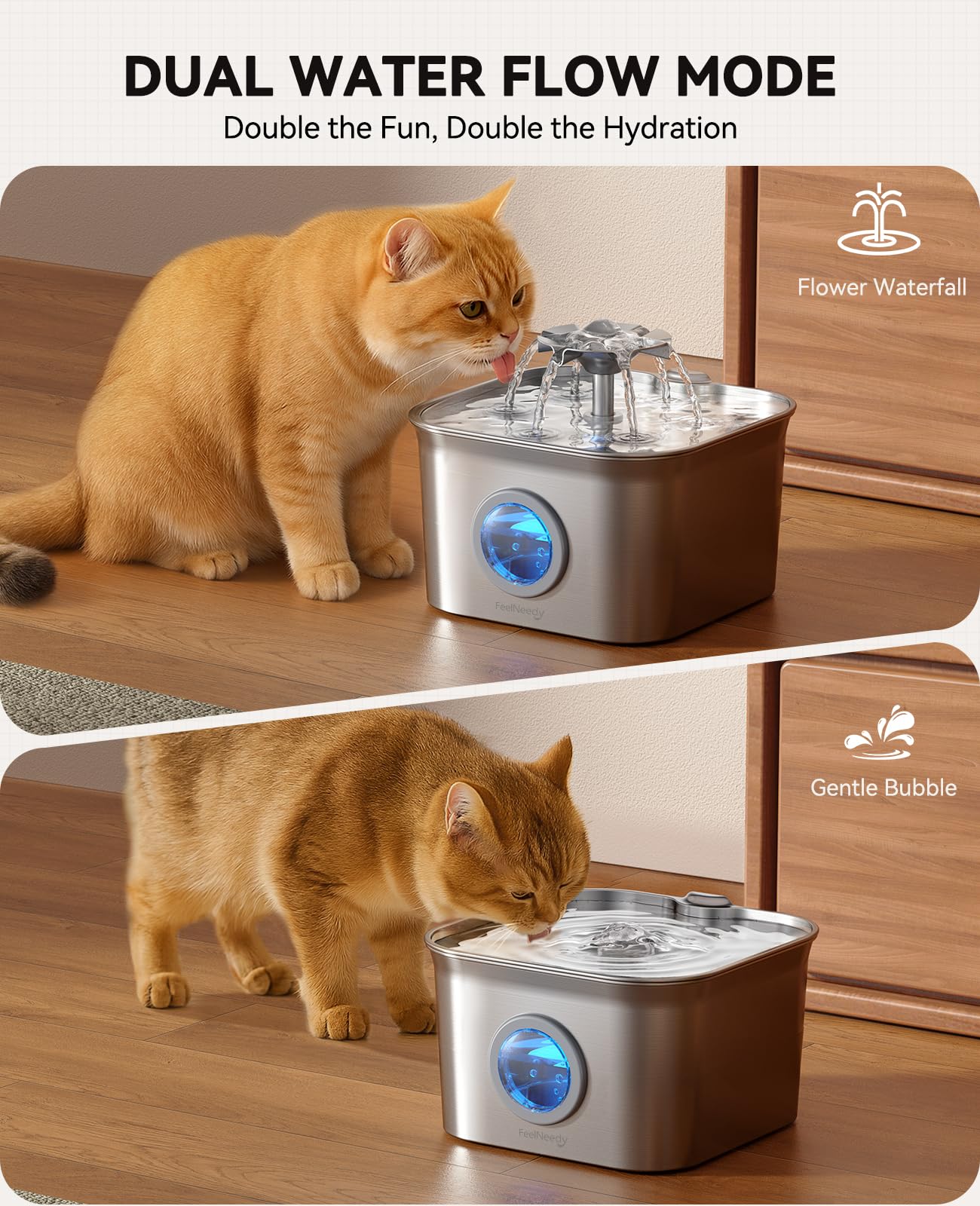 FEELNEEDY Stainless Steel Cat Water Fountain – 2.8L, 6-Filter System, Ultra-Quiet 20dB Pump, LED Window, Dishwasher Safe
