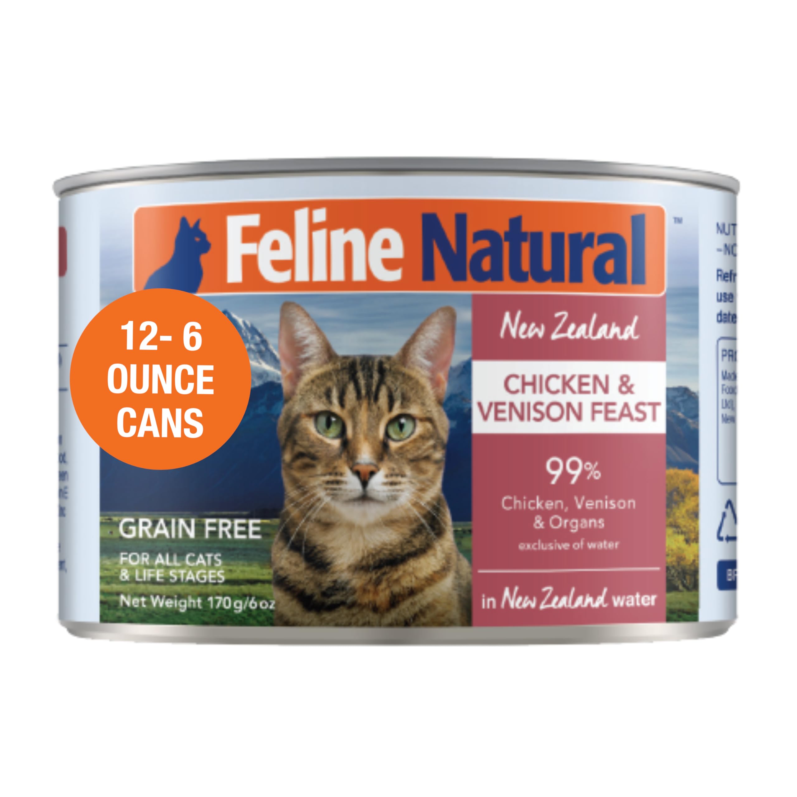 Feline Natural New Zealand Canned Wet Cat Food – Chicken & Venison Feast, High-Meat, Grain Free, 6 oz, Pack of 12