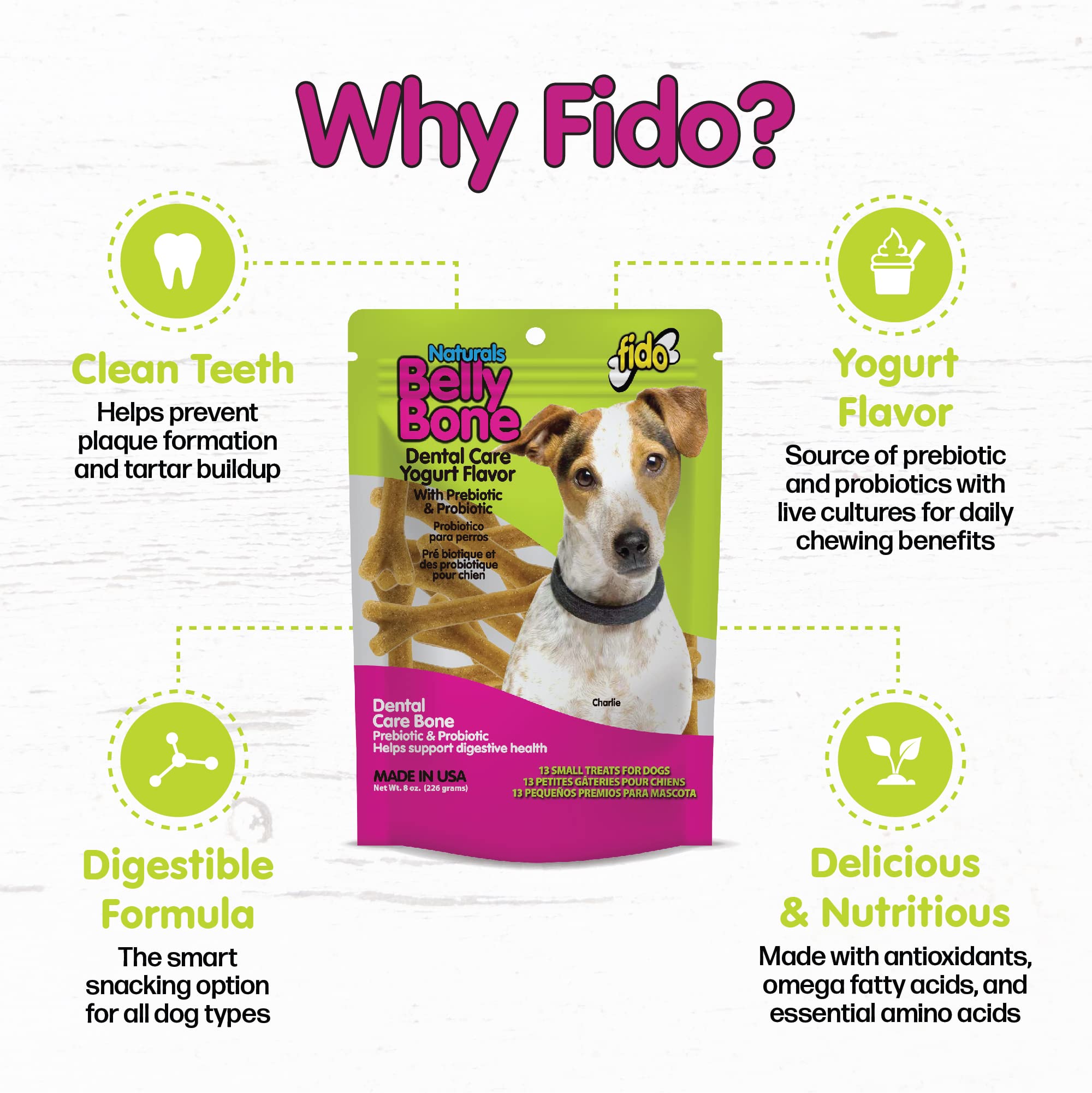 Fido Belly Bones for Small Dogs – Yogurt Flavored Dental Treats, 3-Pack (39 Bones), USA Made