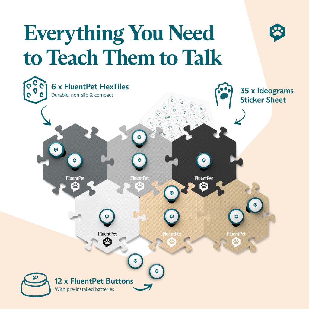 FluentPet Speak Up Key Vocab Kit – 12 Recordable Buttons & 6 HexTiles for Dog & Cat Communication
