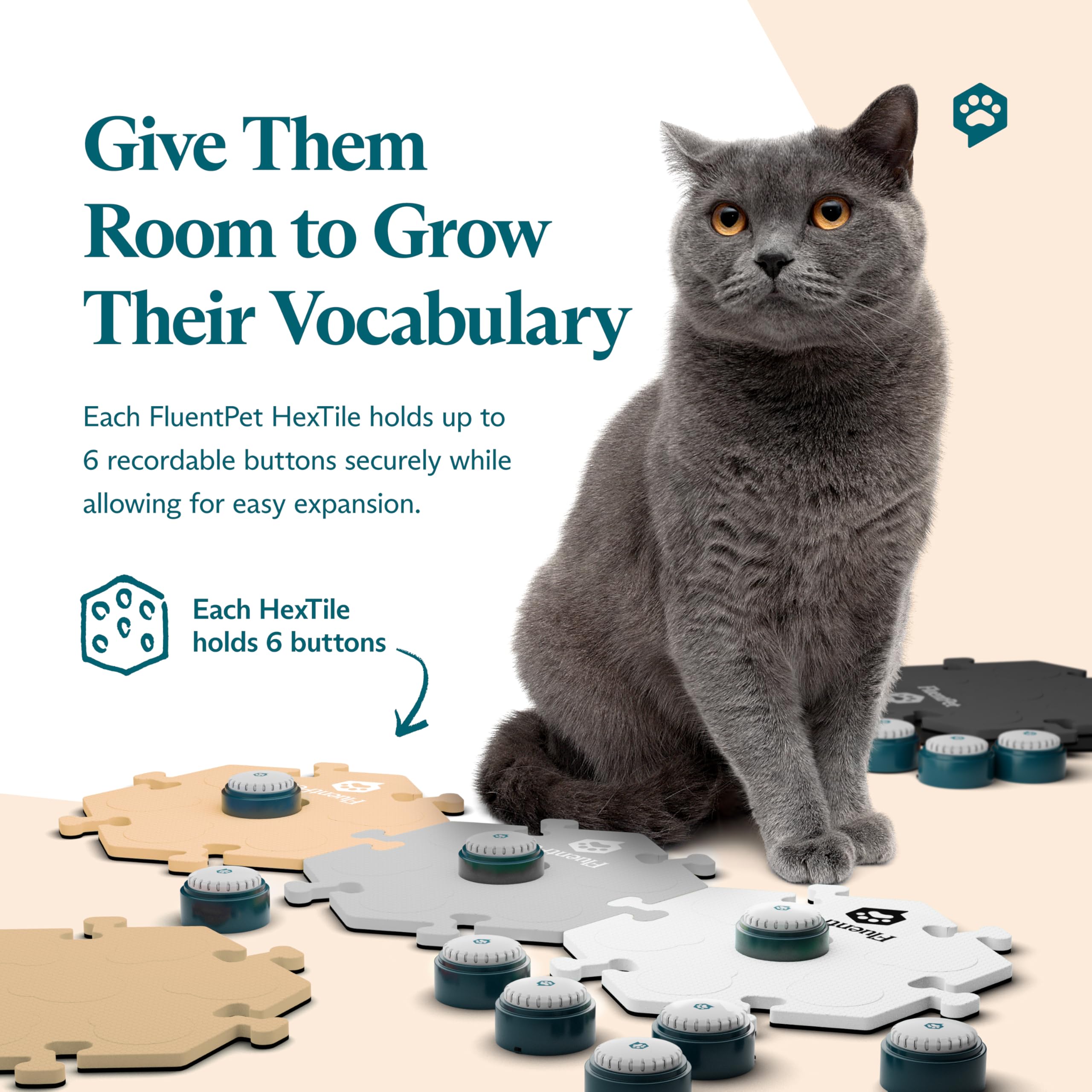 FluentPet Speak Up Key Vocab Kit – 12 Recordable Buttons & 6 HexTiles for Dog & Cat Communication