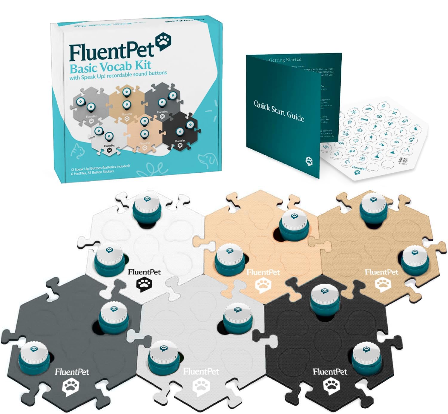 FluentPet Speak Up Key Vocab Kit – 12 Recordable Buttons & 6 HexTiles for Dog & Cat Communication